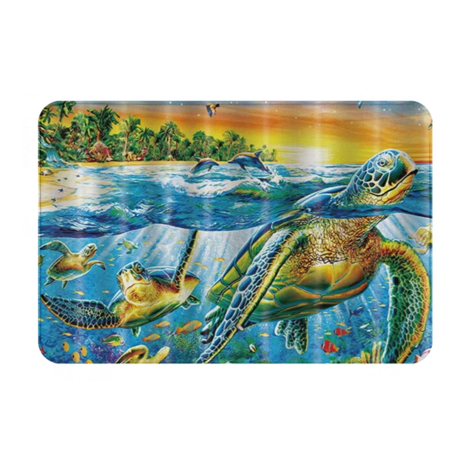 Bath Mat,Coconut Tree Bay Turtles Swimming And Dolphins Play Bathroom Absorbent Accessories Bath Rug，Soft Microfiber Non Slip Floor Mat for Shower Tub Kitchen Bedroom Hall Inside Outdoor 40*60cm