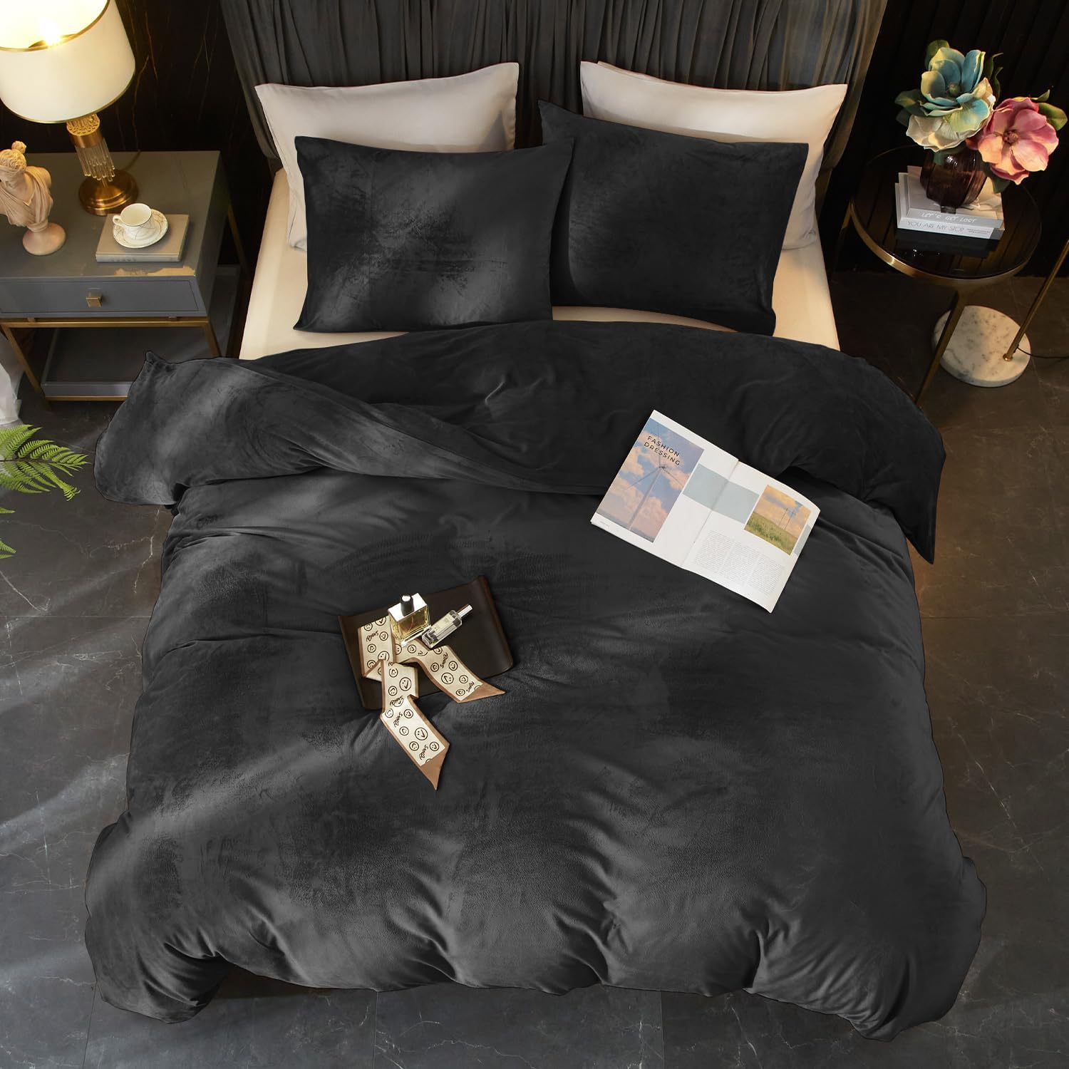 Ivellow Velvet Duvet Cover Queen Set - Charcoal Gray 3Pcs Ultra Soft Breathable Solid Luxury Flannel Velour Comforter Cover With Zipper Closure and Corner Ties - Image 3