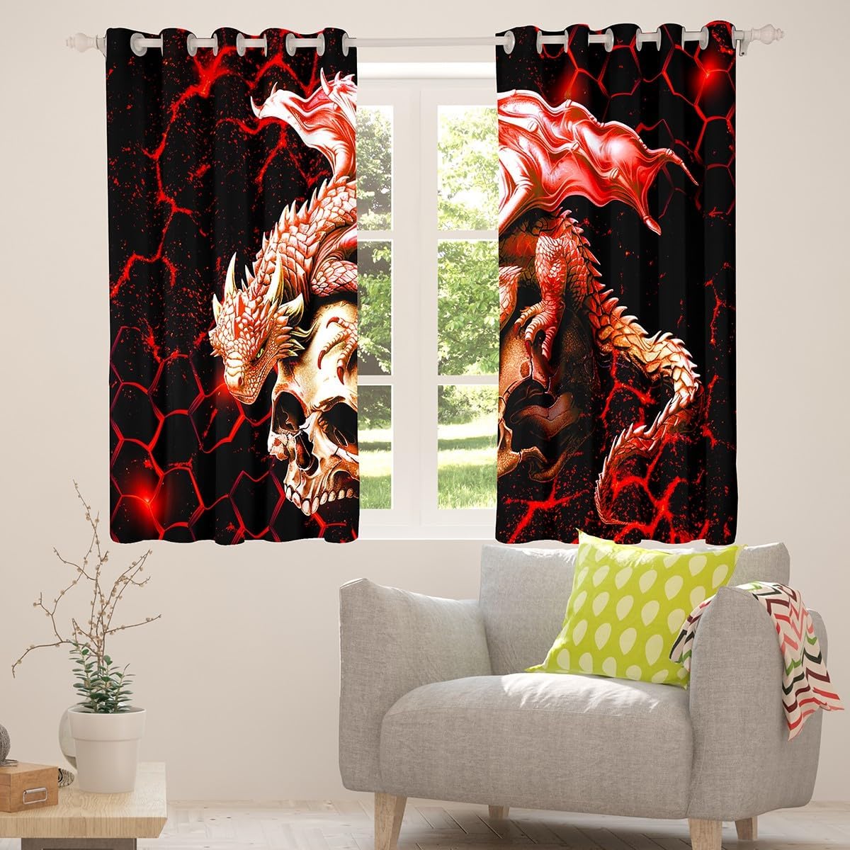 Feelyou Dragon Curtains for Bedroom Living Room (2 Panels, 38 x 45 Inch) Kids Red and Black Blackout Curtains Sugar Skull Darkening Drapes Honeycomb Dragon Wild Animal Window Treatments