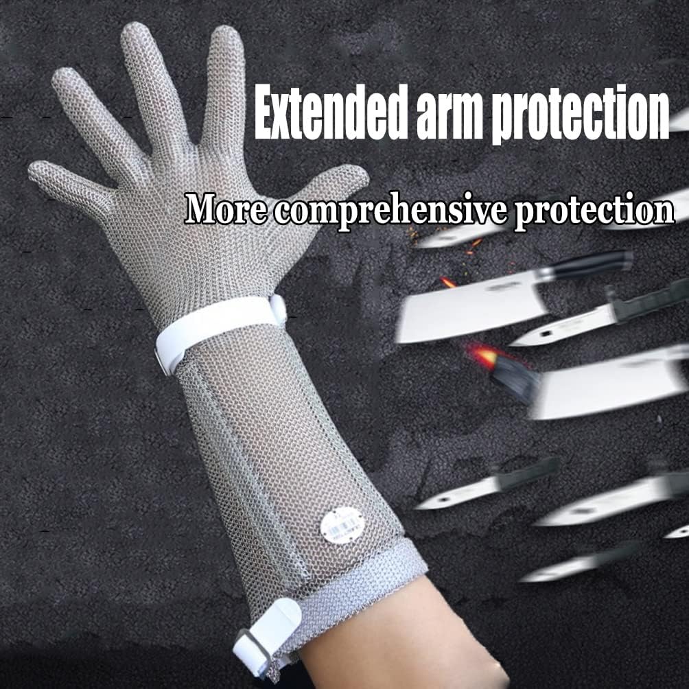 Metal Cut Resistant Gloves, Extended Arm Stainless Steel Chain Gloves for Slaughterhouse Restaurant Gardening (Color : Arm 22cm, Size : 1PCS/S)