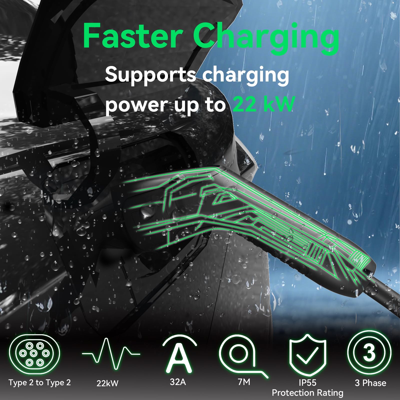 ELECWISH Type 2 Charging Cable, 22KW /32A /3 Phase /7 Meter, Plug-In Fast Ev Charging Cable, Type 2 To Type 2 Car Charging Cable for Electric Vehicles — view 2