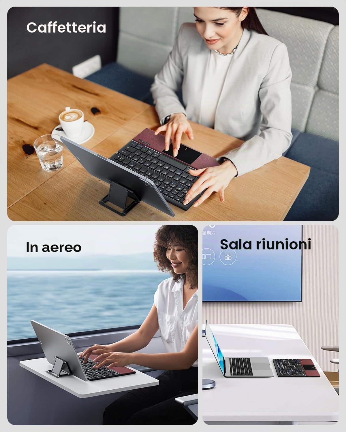 OMOTON Tastiera Bluetooth pieghevole con touchpad, tastiera portatile senza fili Mini viaggio con 3 canali Bluetooth per iOS Android Windows Laptop PC Tablet Smartphone, QWERTZ - rosso bordeaux