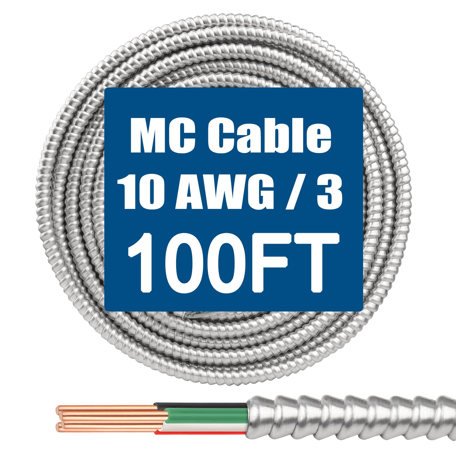MOOKEERF 10/3 MC Cable with Ground - 100FT Pure Copper 10AWG/3 Metal Clad Wire with Aluminum Armor 10 Gauge 3 Conductor Type MC Alum Cable