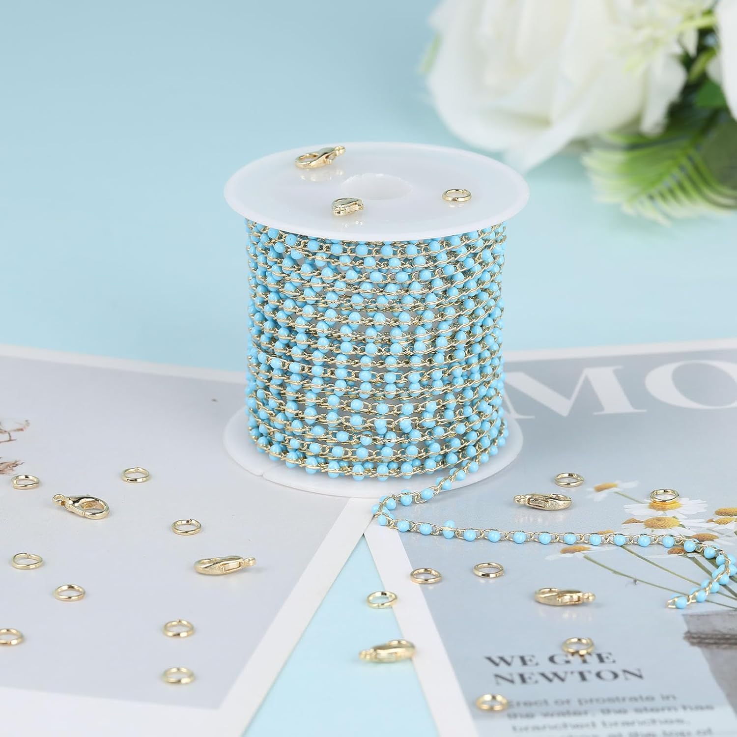 YOUBEIYEE 4 Meters Blue Enamel Beaded Chain for Jewelry Making Light Gold Brass Metal Chain on Spool - Image 6