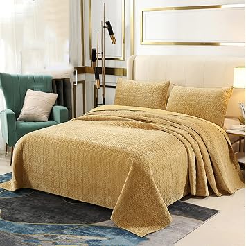 Velvet Quilted Bedspread Coverlet Set, Embossed Flowers Print, Warm Cozy Plush Quilt Set Soft Bed Throw with 2 Pillow Cases, 3 Piece,Yellow,King 106x92