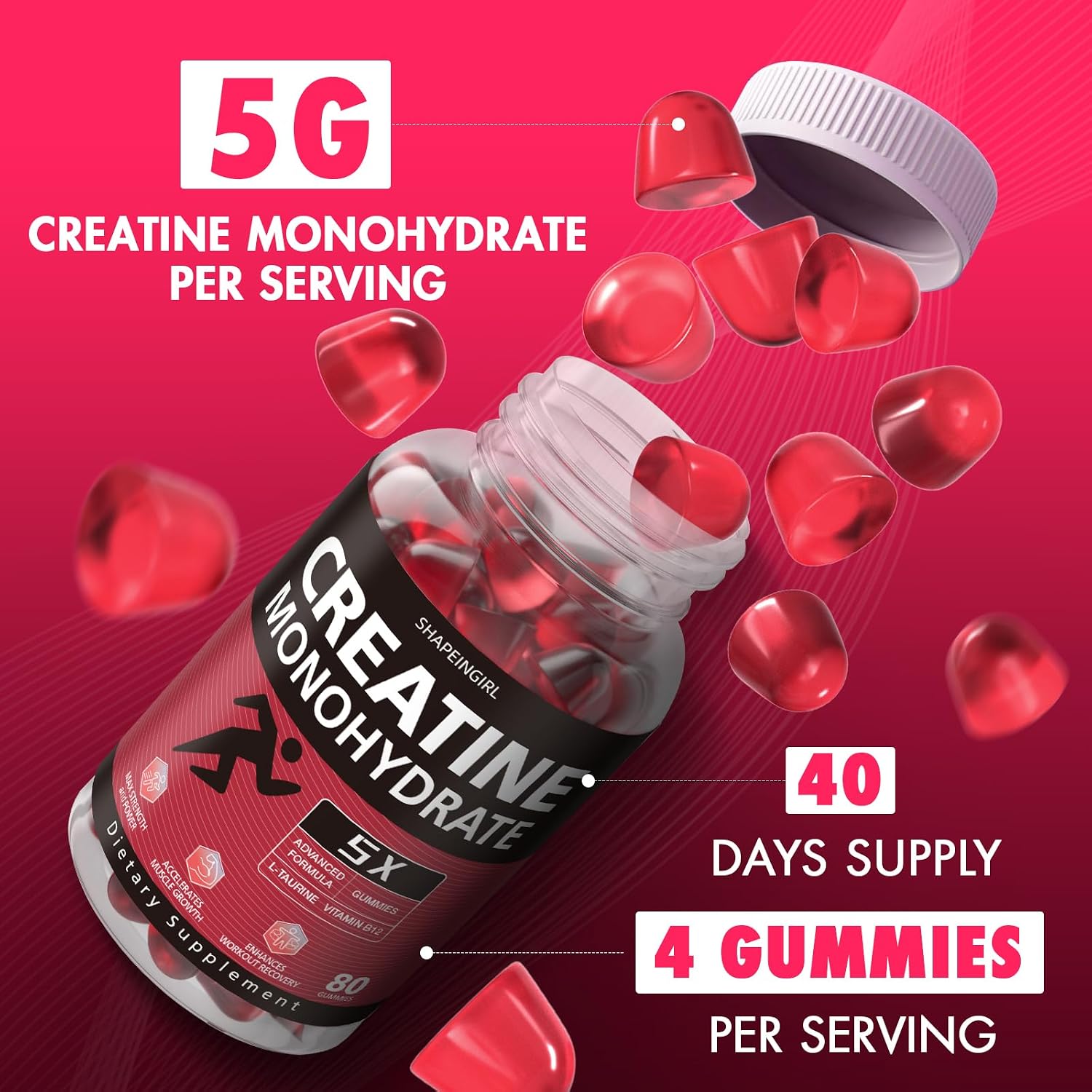 Creatine Monohydrate Gummies - Clean Creatine for Women Men for Muscle Strength, Improving Endurance & Post Workout Recovery - Creatine Supplement - Raspberry Flavors (160 Gummies)