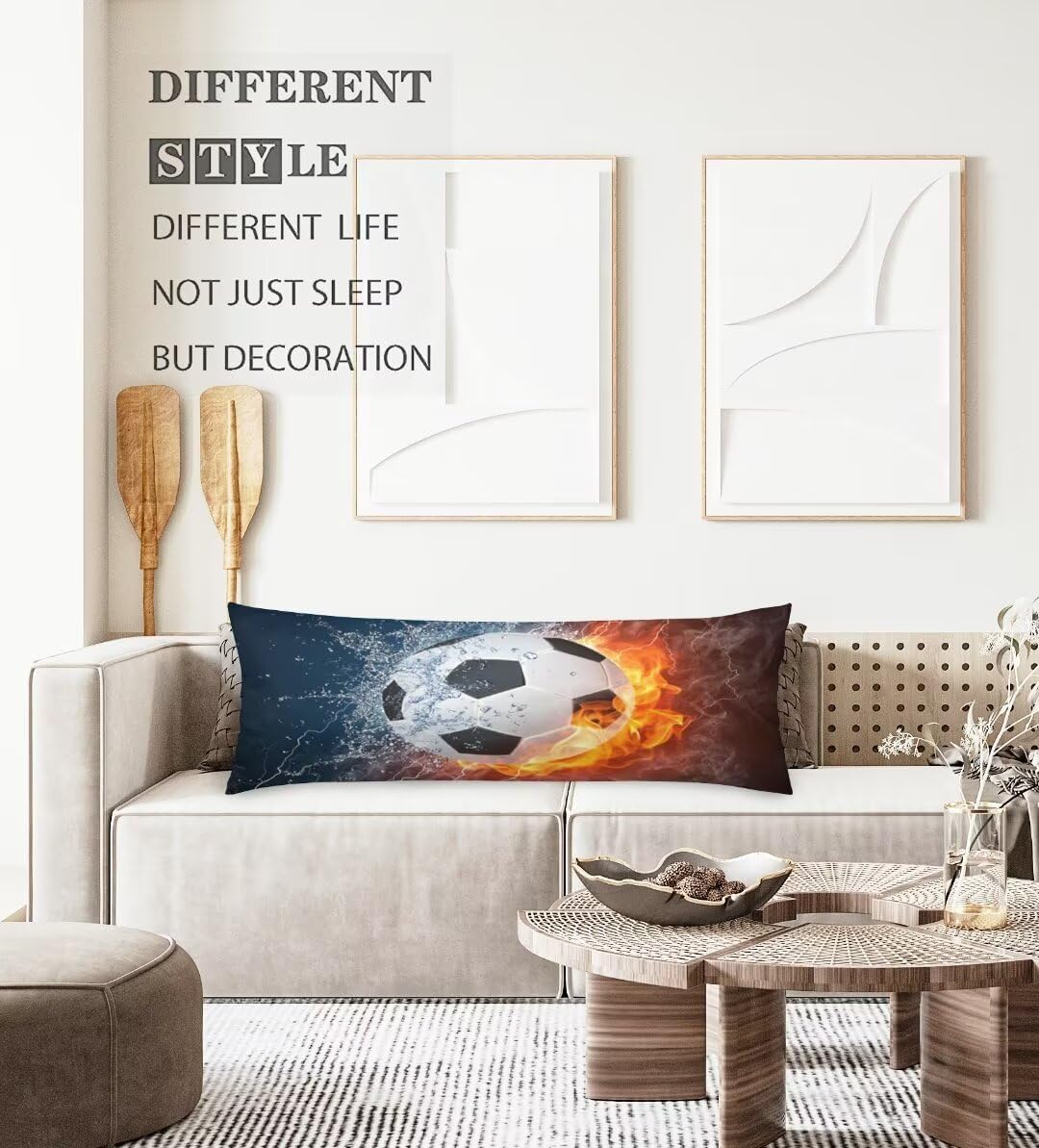Soccer Body Pillow Cover,Soccer Ball in Fire and Water,Decorative Long Pillow Case Protector with Zipper Sport Theme Pillowcase Soft Large Pillow Cases Covers Cushioned for Bed,Couch,Home Gift 20"x54"