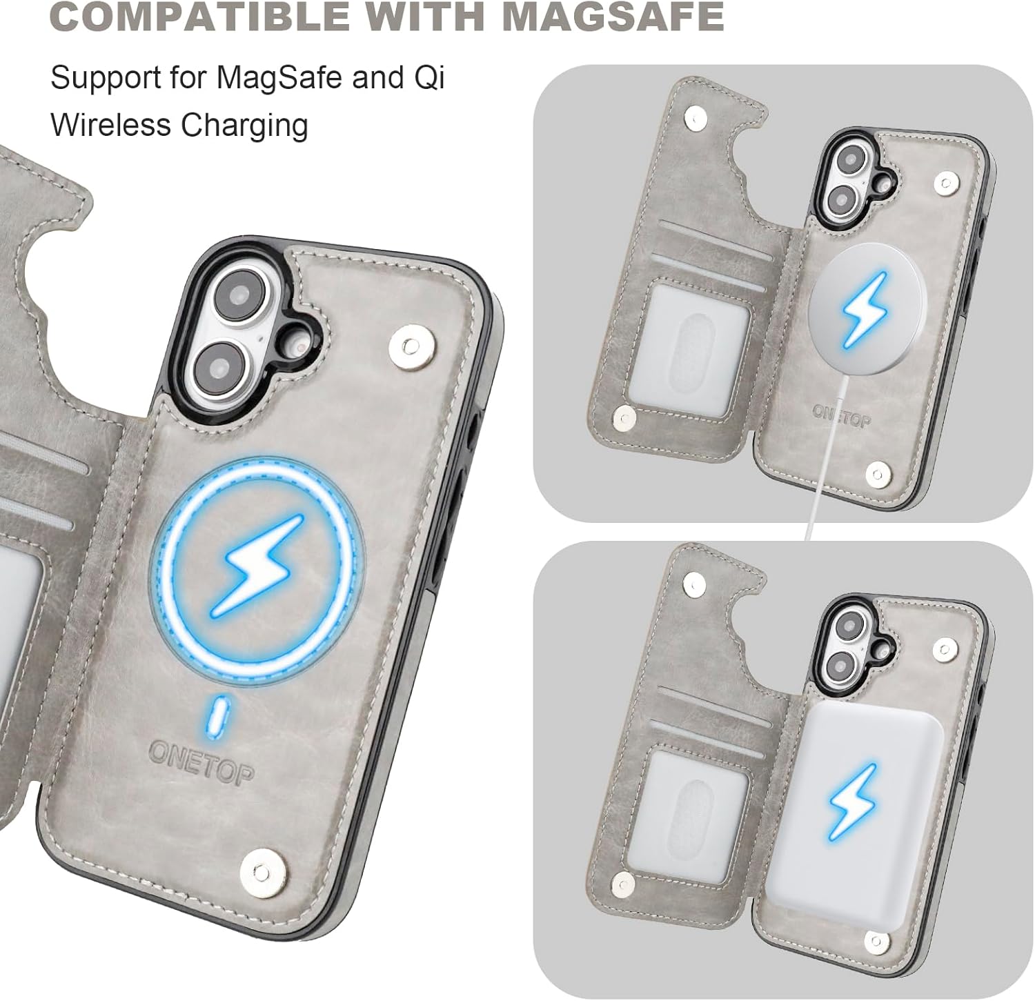 ONETOP Compatible with Magsafe for iPhone 16 Wallet Case with Card Holder, PU Leather Kickstand RFID Blocking Case, Double Magnetic Clasp and Durable Shockproof Cover 6.1 Inch (Grey)