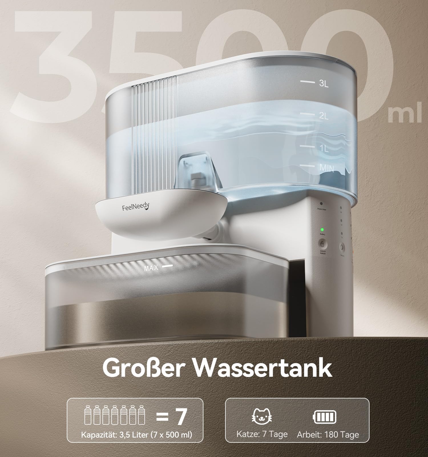 Trinkbrunnen für Katze Kabellos ohne Filter, FEELNEEDY Frischwasser getrennt von Abwasser ohne Wasserkreislauf, 2000mAh Akkubetrieb Katzenbrunnen, Trinkschale aus Edelstahl, 3,5L Tank (Weiß)
