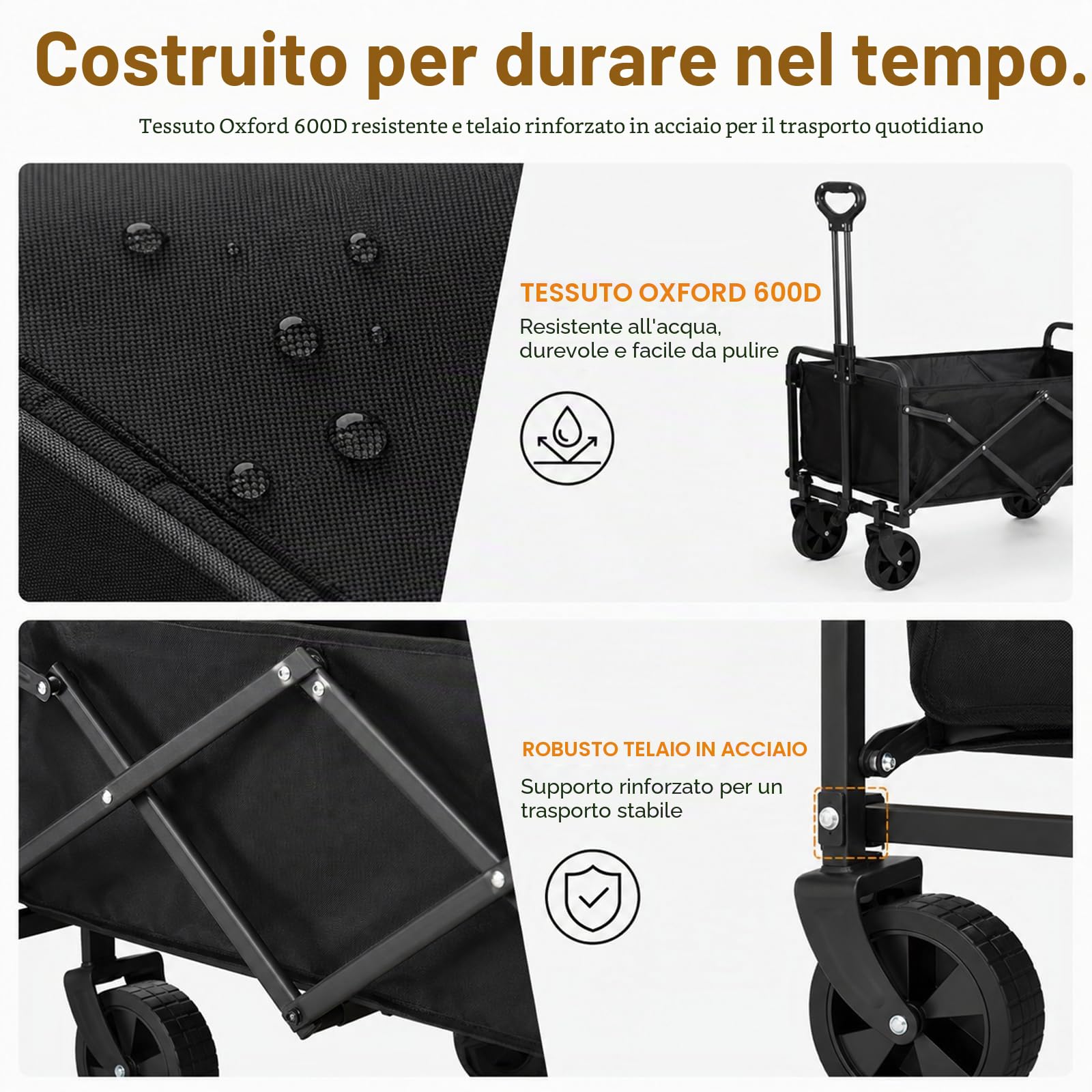 NCONCO Carrello Pieghevole con Ruote, 100L 150KG Carrello Spesa e Spiaggia | Carrello da Campeggio Portatile con Maniglia Regolabilee Ruote Larghe 360°, Carrellino Trasporto per Giardino e Auto