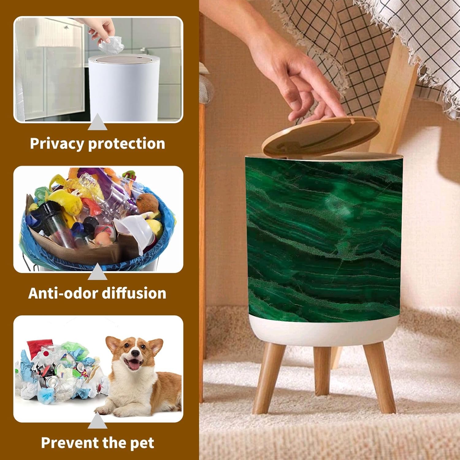 Trash Can with Lid Green Marble Texture Seamless Garbage Can Round Waste Bin Press Cover Dog Proof Wastebasket for Kitchen Bathroom Living Room Nursery 1.8gal, ljt
