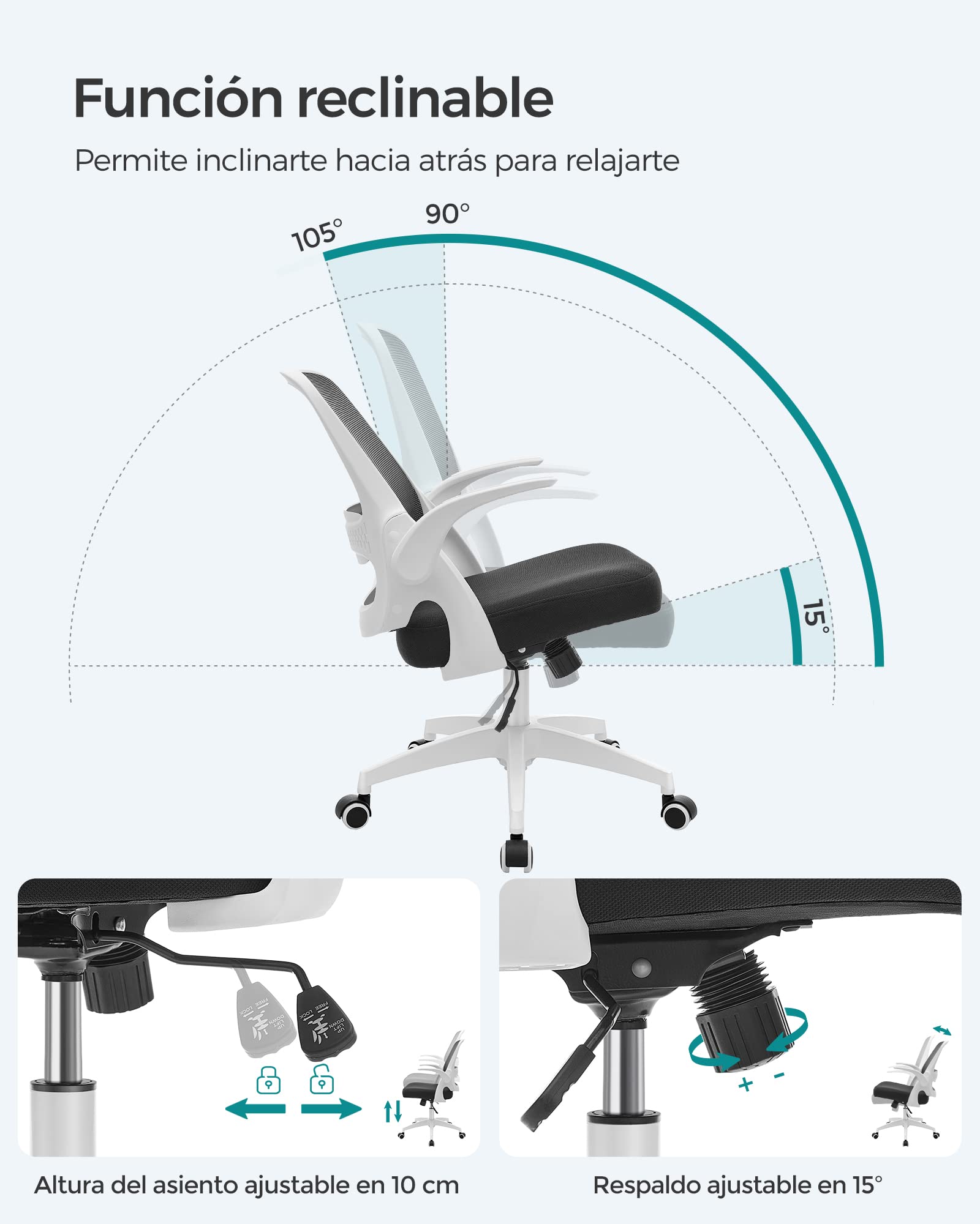 SONGMICS Sedia da Ufficio, Sedia da Scrivania, Sedia Ergonomica Girevole, Sedia da Computer, Regolabile in Altezza, Braccioli a Ribalta, Funzione Oscillante, Bianco e Nero OBN035W01