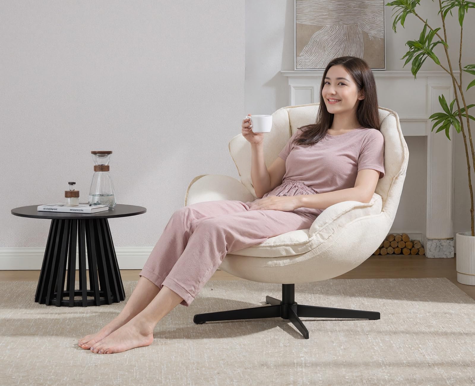 chairus Loungesessel Drehbar Armlehnensessel Wohnzimmer Chenille Gepolsterter Ohrensessel Schlafzimmer Moderner Sessel Cocktailsessel (Weiß)
