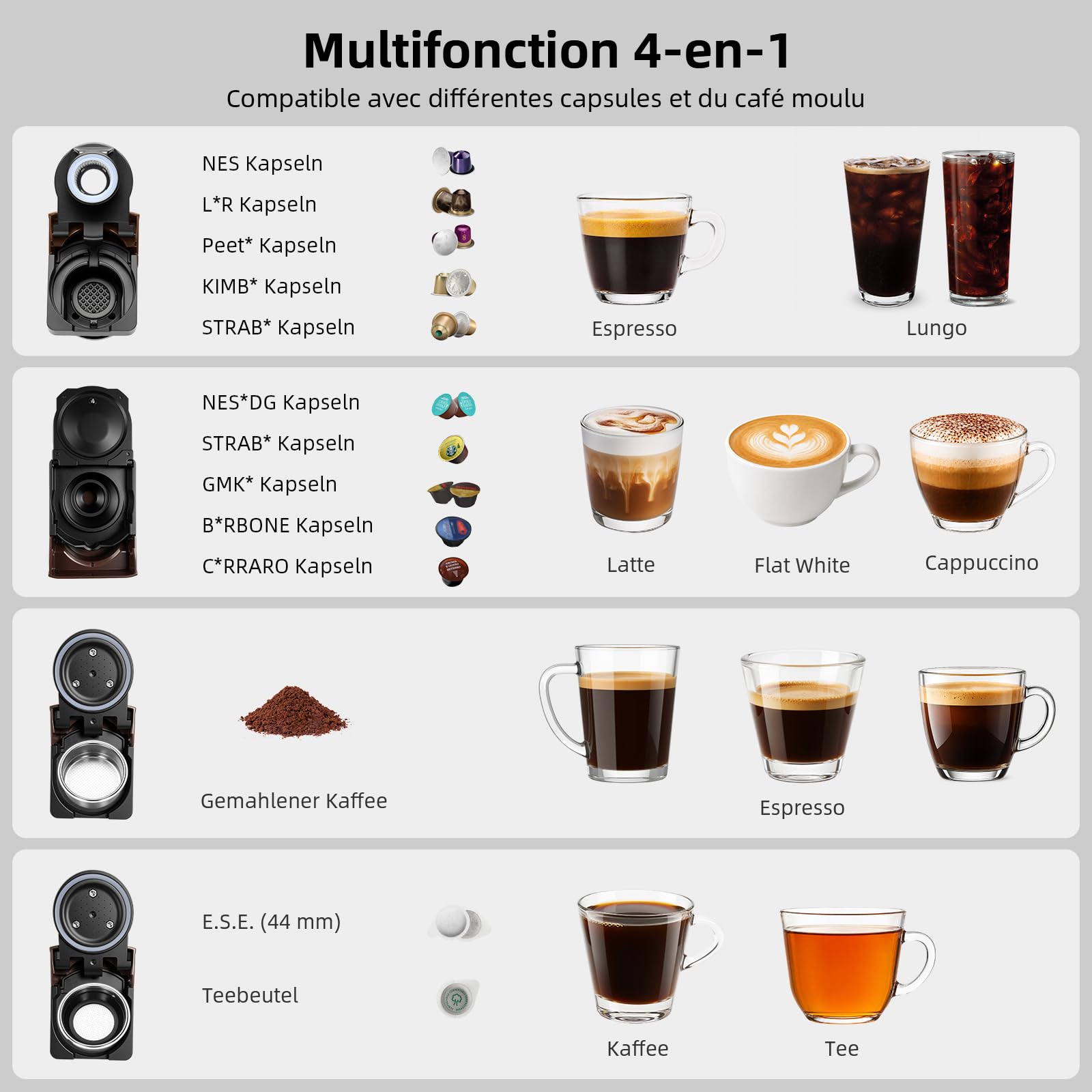 KOTLIE Kaffeemaschine, 4-in-1-Kaffeemaschine für NES/DG/Kaffeepulver/ESE(44mm),19 Bar,800ml
