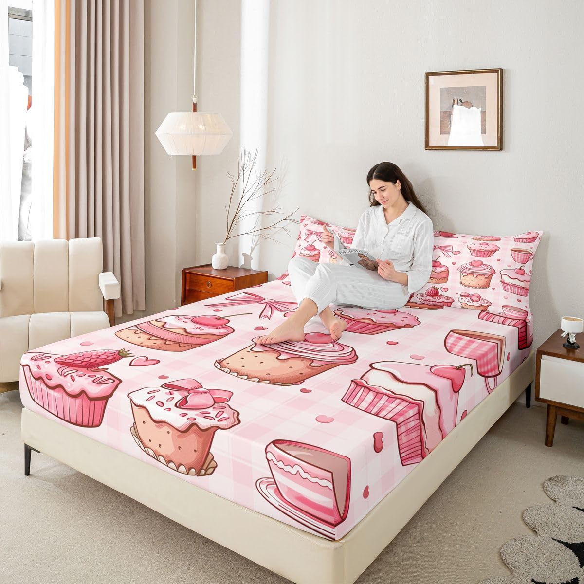 Manfei Juego de sábanas bajeras de 3 piezas, diseño de pastel de chocolate con diseño de tartán geométrico y lazo de fresa, 3 piezas, bonitas sábanas románticas con 2 fundas de almohada, decoración de