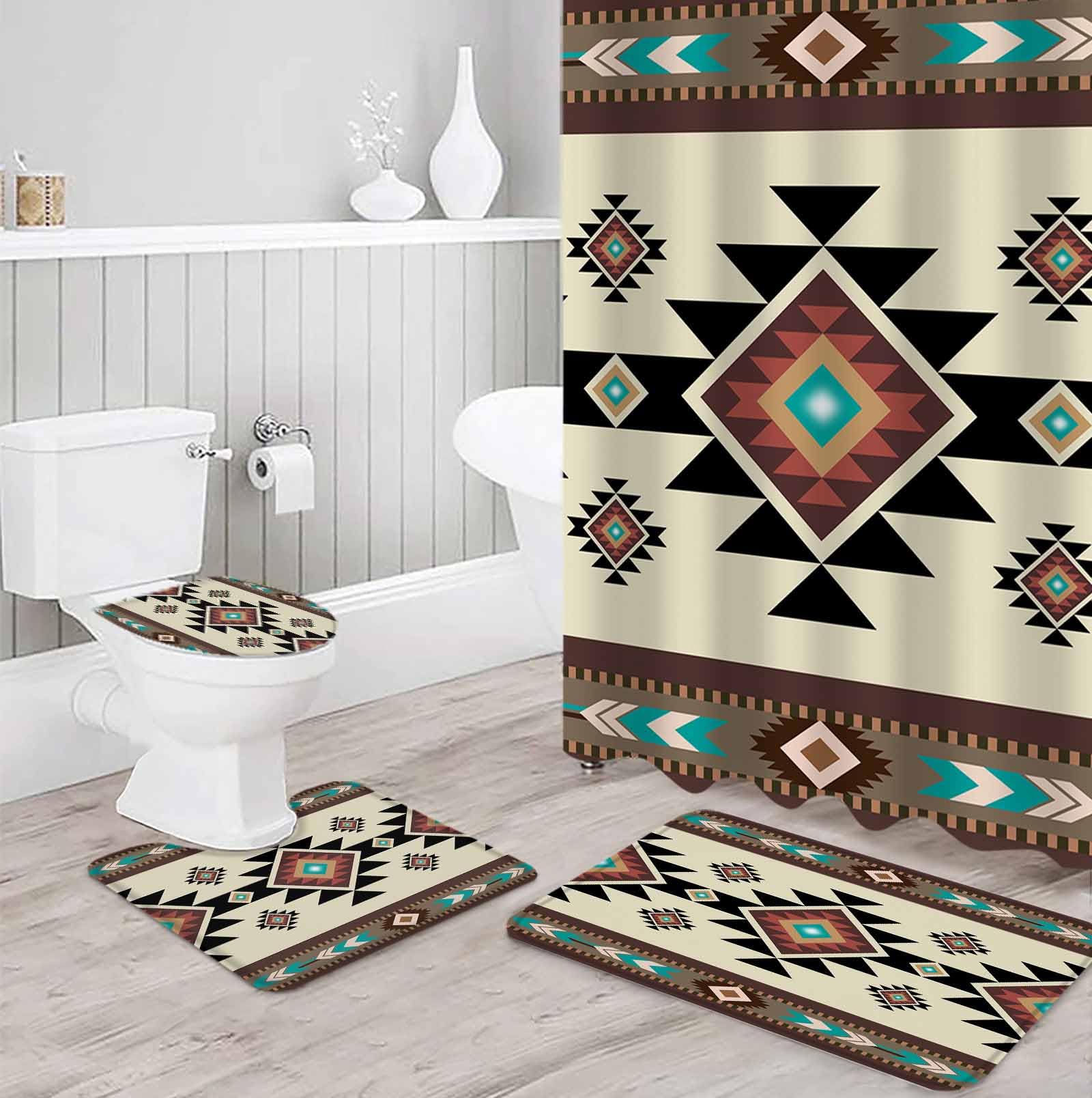 Southwest Geometric Bathroom Set with Shower Curtain and Rug and Accessories - 36x72 Inches Long Brown Mexican Aztec Boho Tribal Stall Curtain Waterproof with Small Bath Mat, Washable Runner Rug Set