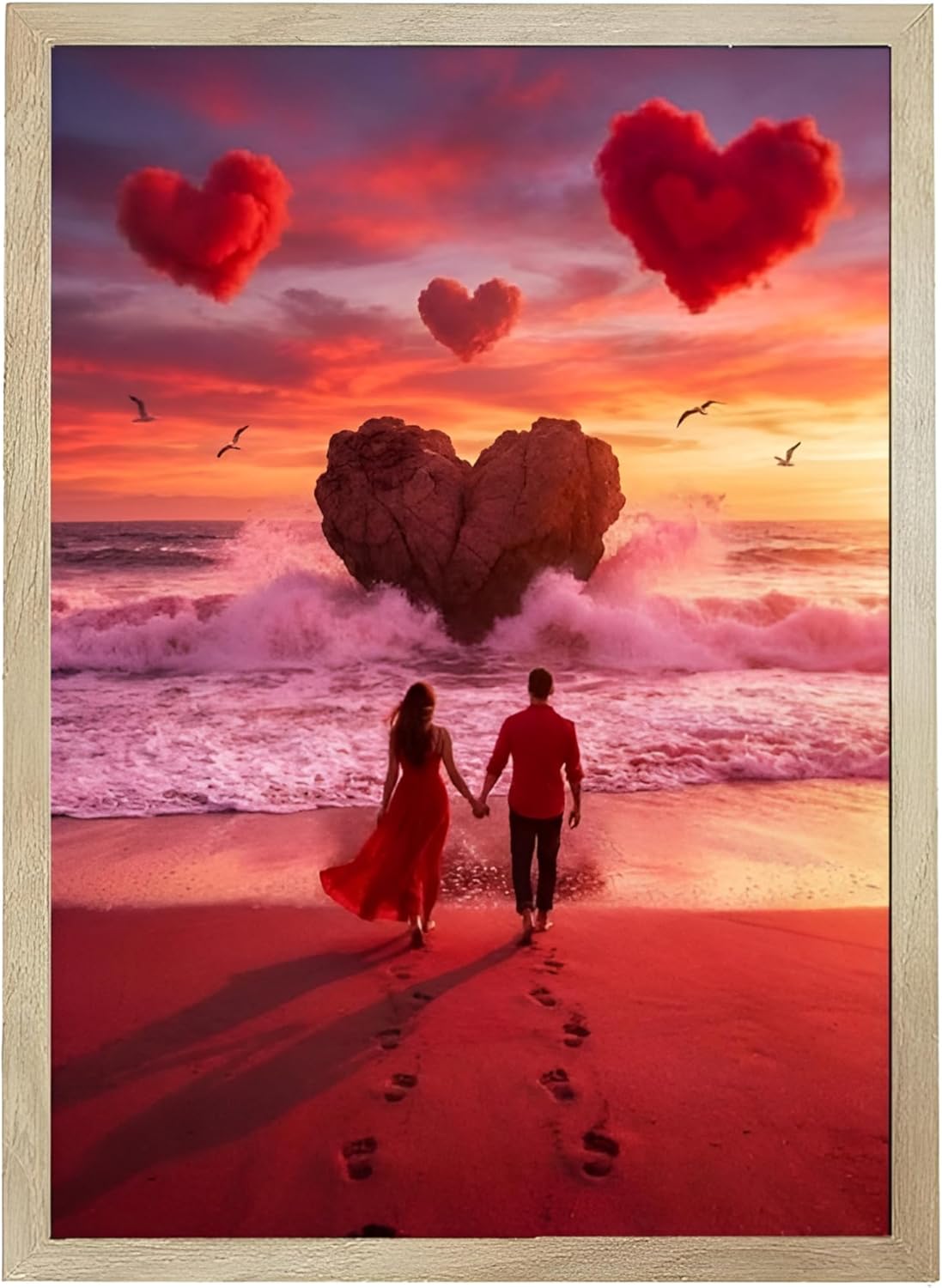 Red Valentine's Day LED Photo Frame, 9x12 Inches USB Powered Shadow Box with Romantic Glow, Great Anniversary, Wedding, or Birthday Gift for Girlfriend, Wife, or Her (Love Ocean Couple)