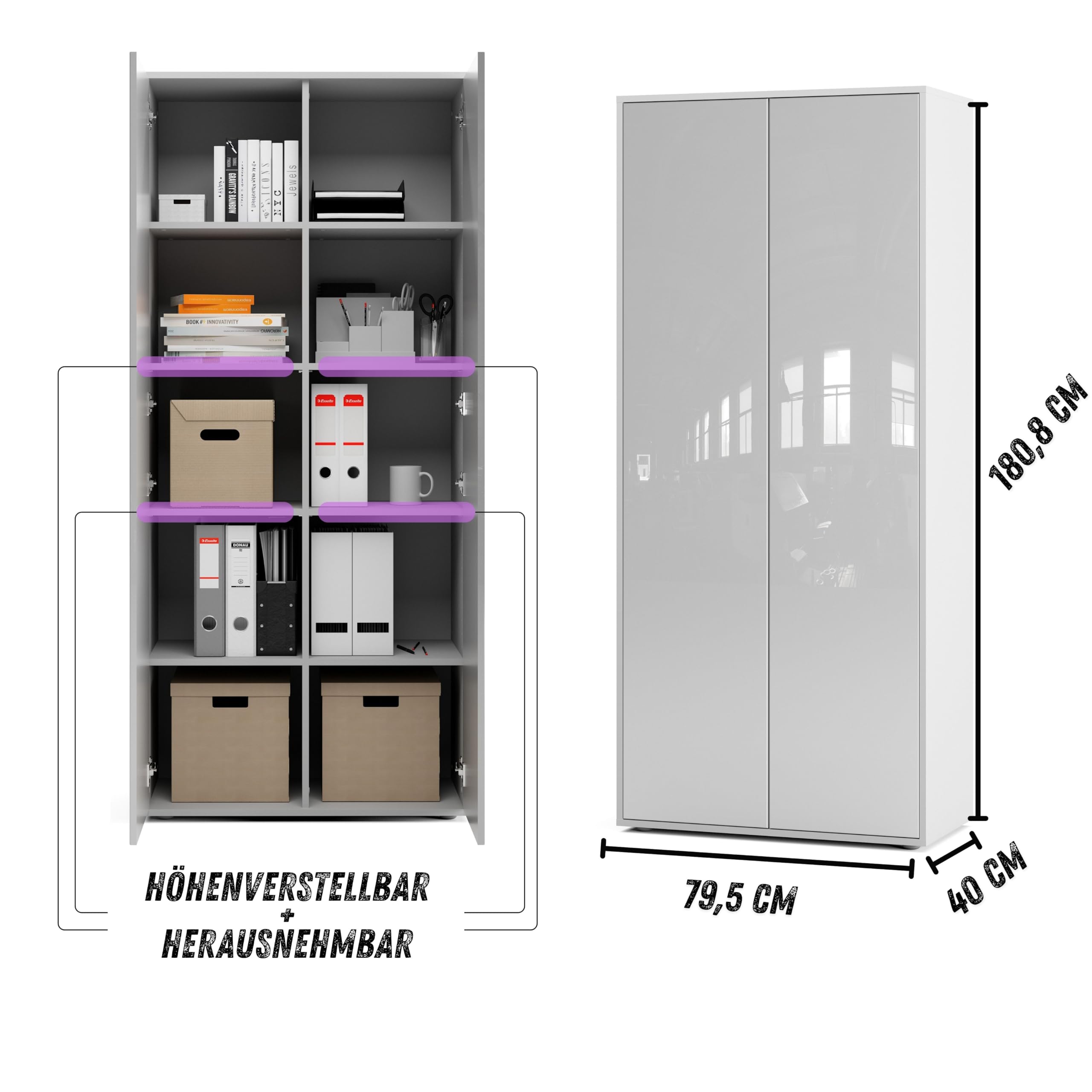 Büroschrank Amira T00, Weiß/Weiß Hochglanz, 180x80x40 cm | Geschlossener Aktenschrank, Push-to-Open, Mehrzweckschrank für Büro