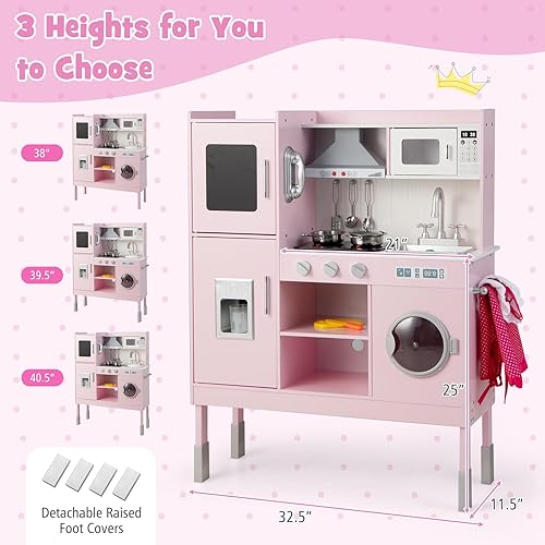 Miniatura 7 de HONEY JOY Juego de cocina rosa para niños, cocina de madera para niños pequeños, microondas, utensilios de cocina, lavadora, campana extractora,