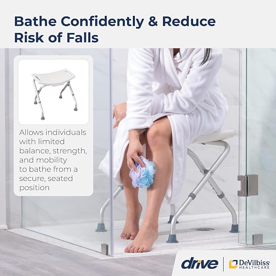 Drive Medical 12486 Folding Shower Chair, Bath Bench with Drainage, White