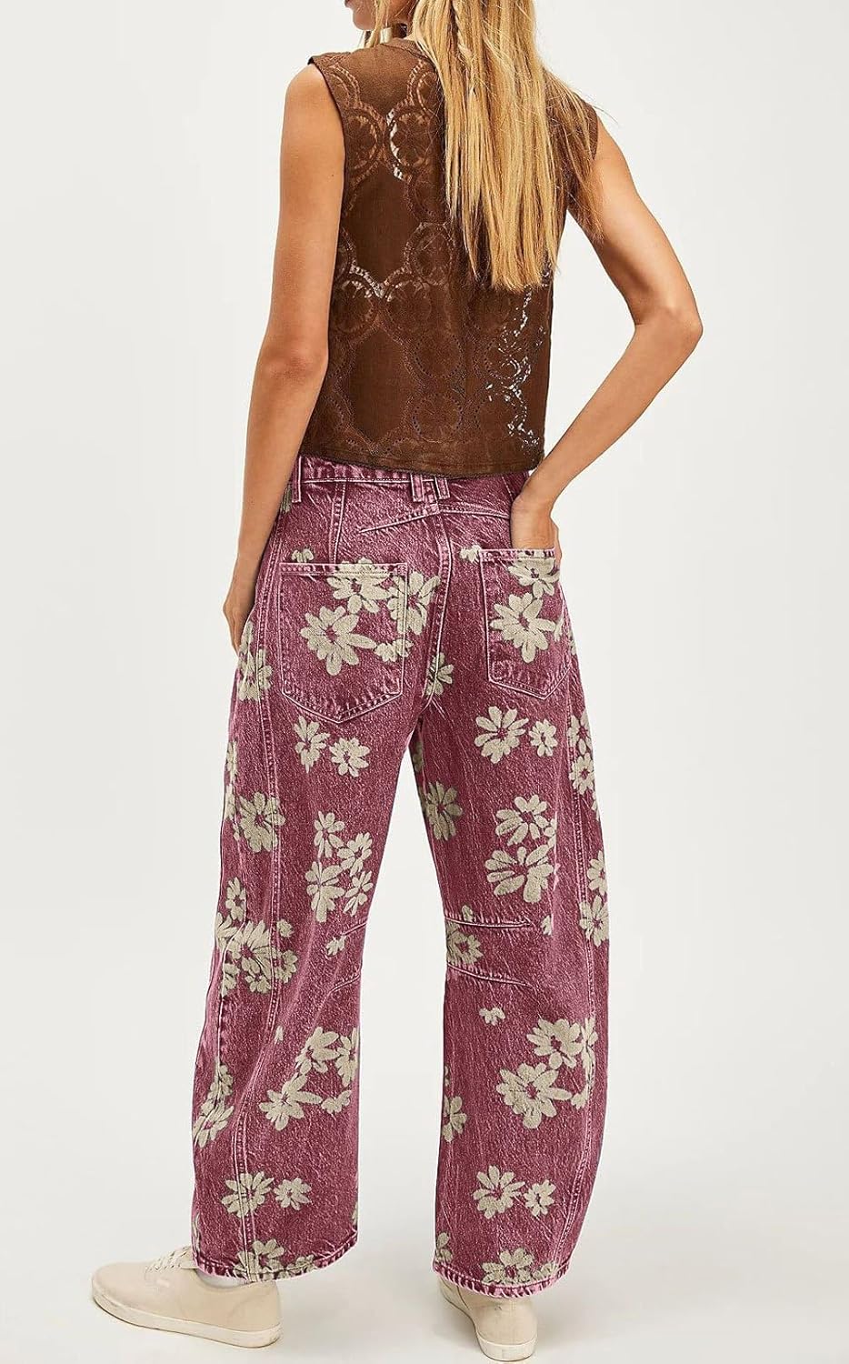 yoeasy Women's Mid Rise Baggy Barrel Jeans Floral Printed Wide Leg Y2k Boyfriend Jeans Denim Ankle Pants