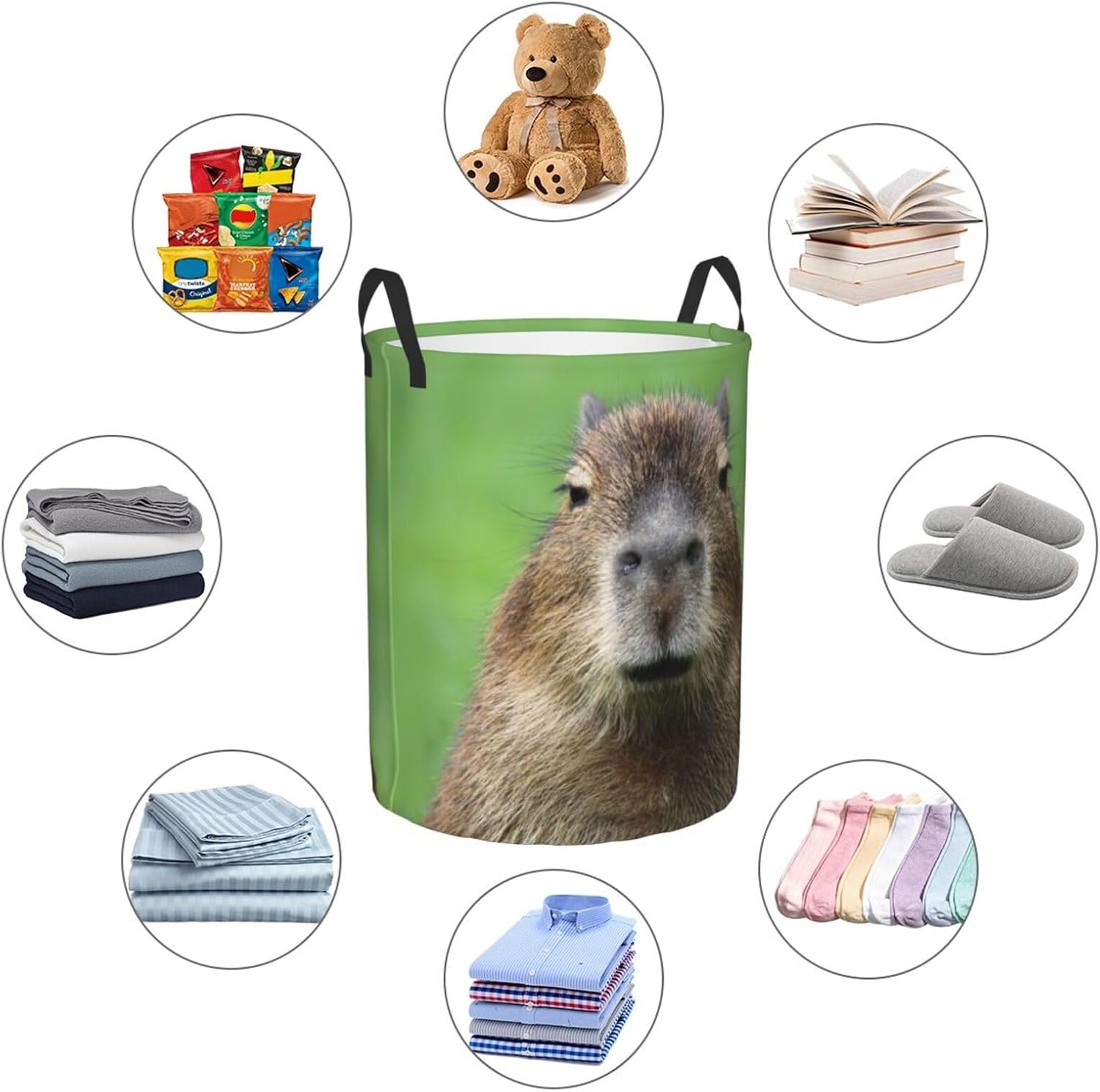 Capybara Laundry Basket Waterproof Foldable Laundry Hamper with Durable Handle Round Storage Basket Dirty Clothes Bag for Bedroom Bathroom College Dorm
