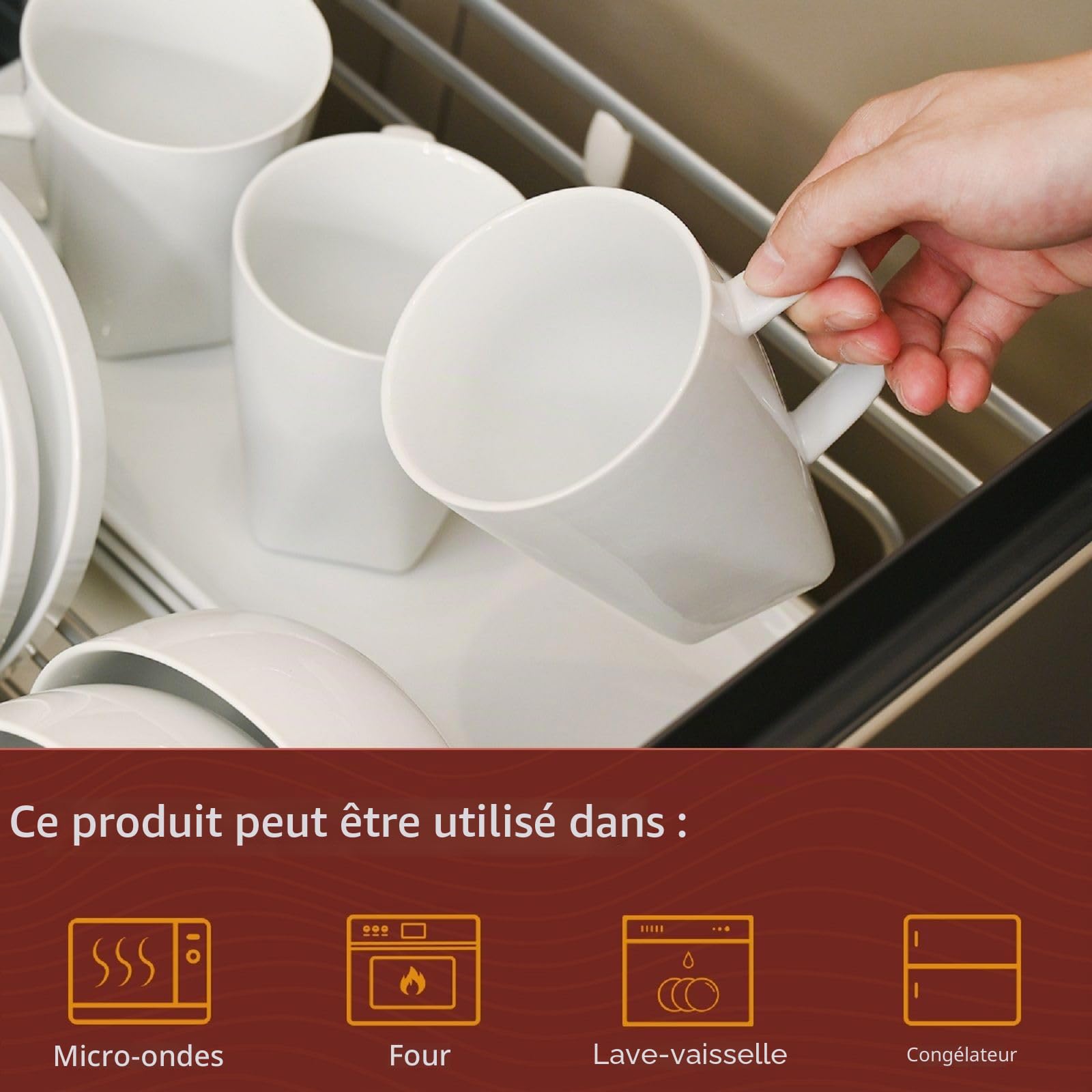WishDeco Lot de 6 Tasses à Café, Mugs Blancs en Céramique 400 ml | Tasses à thé avec Anse, Grandes Tasse pour Lait, Jus de Fruit, Chocolat Chaud, Cappucino, Café latte, Fond Carré