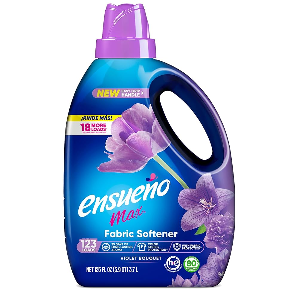 Ensueo Max Liquid Fabric Softener - Violet Bouquet Scent - 125 fl oz - Color-Safe Fabric Softener Liquid - Softens 123 Loads - Reduces Wrinkles & Static