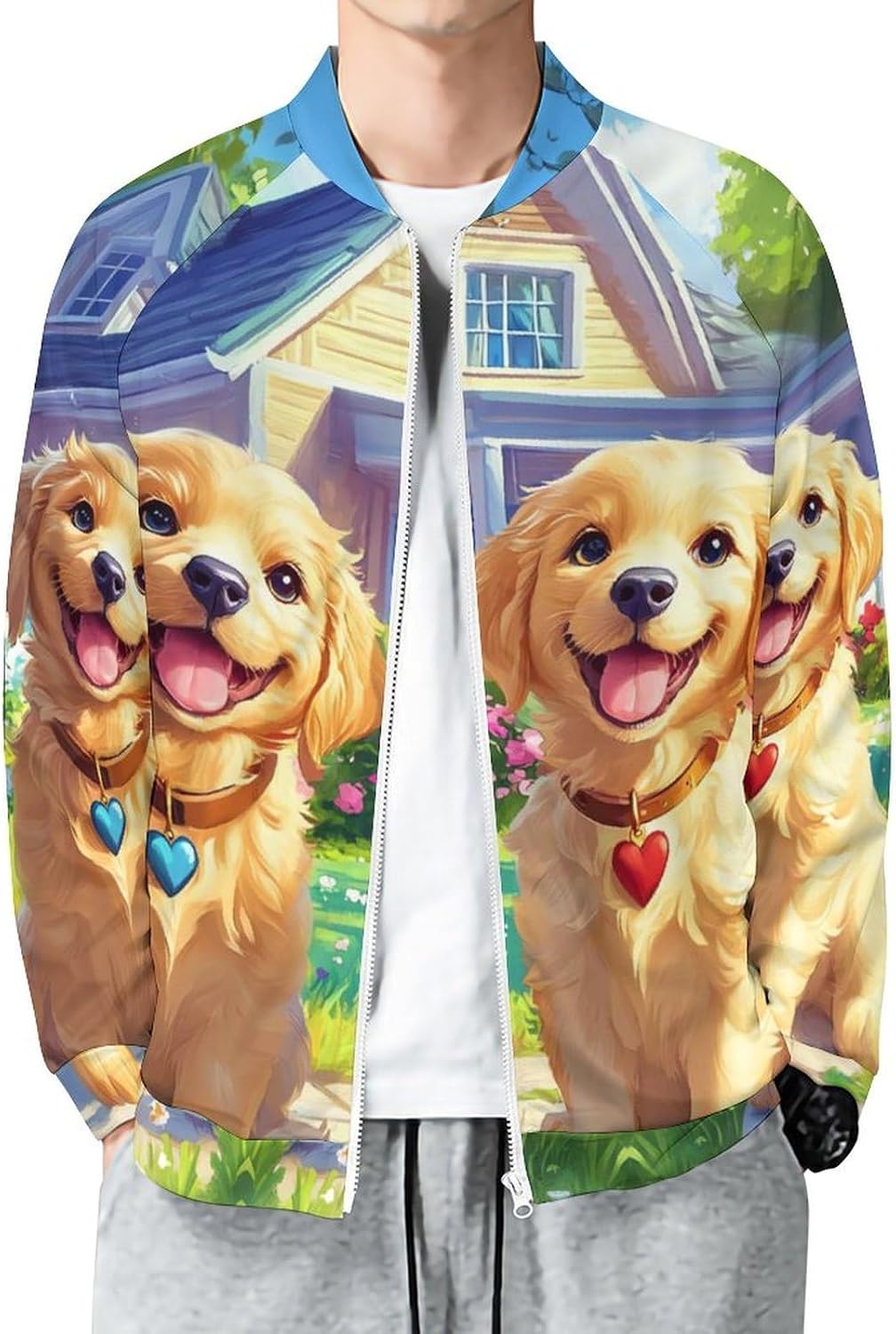 Cute Gold Retriever Dogs Men's Zip Up Sweatshirt Casual Sweater Jackets Long Sleeve Tops Lightweight Coat