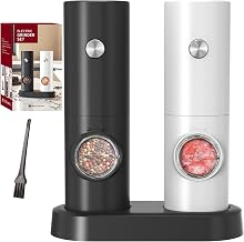 CIRCLE JOY Electric Salt and Pepper Grinder Set, Battery Operated Pepper Mill Grinder with Base, Adjustable Coarseness and Automatic Single Hand Operation, Black White