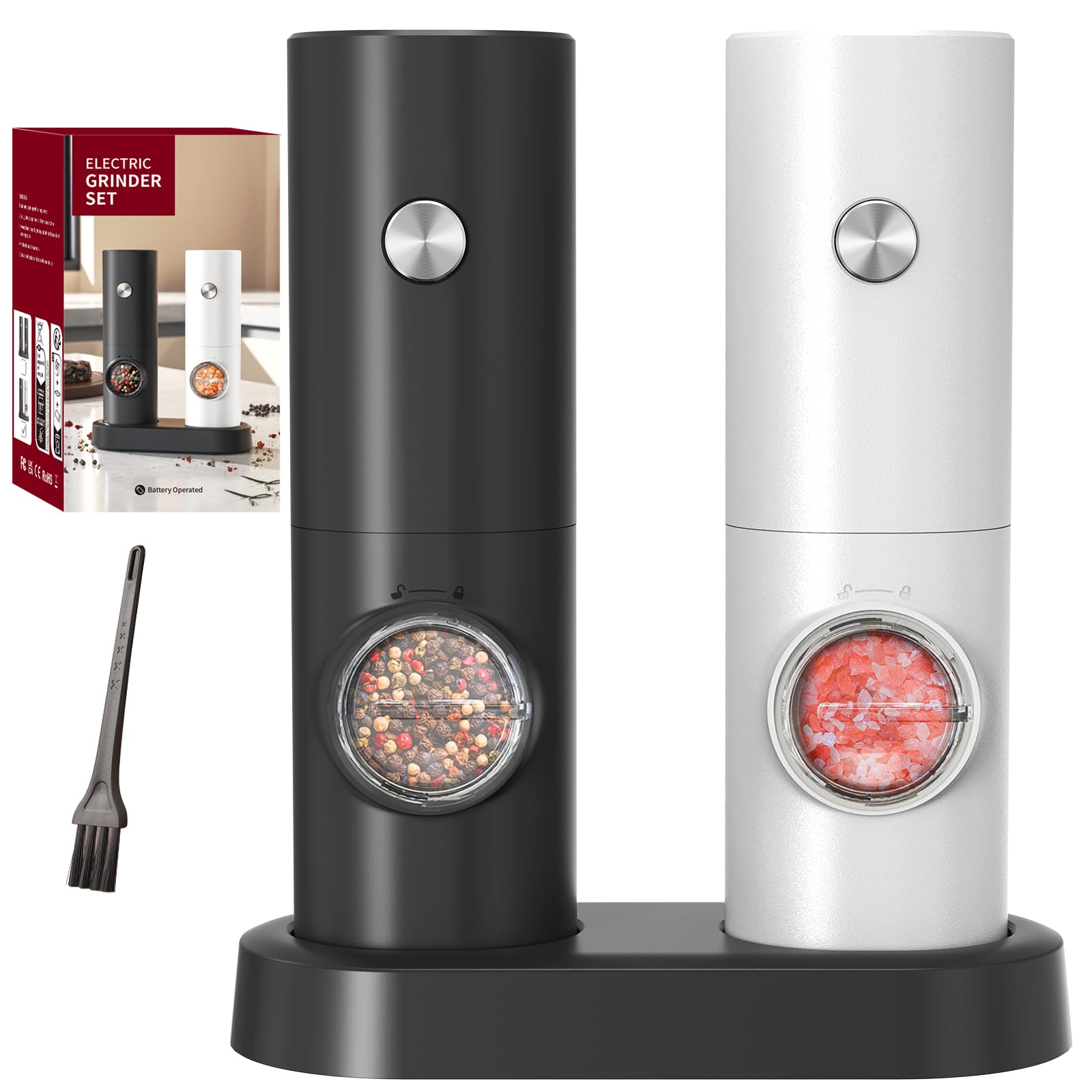 CIRCLE JOY Electric Salt and Pepper Grinder Set, Battery Operated Pepper Mill Grinder with Base, Adjustable Coarseness and Automatic Single Hand Operation, Black White โ image 1