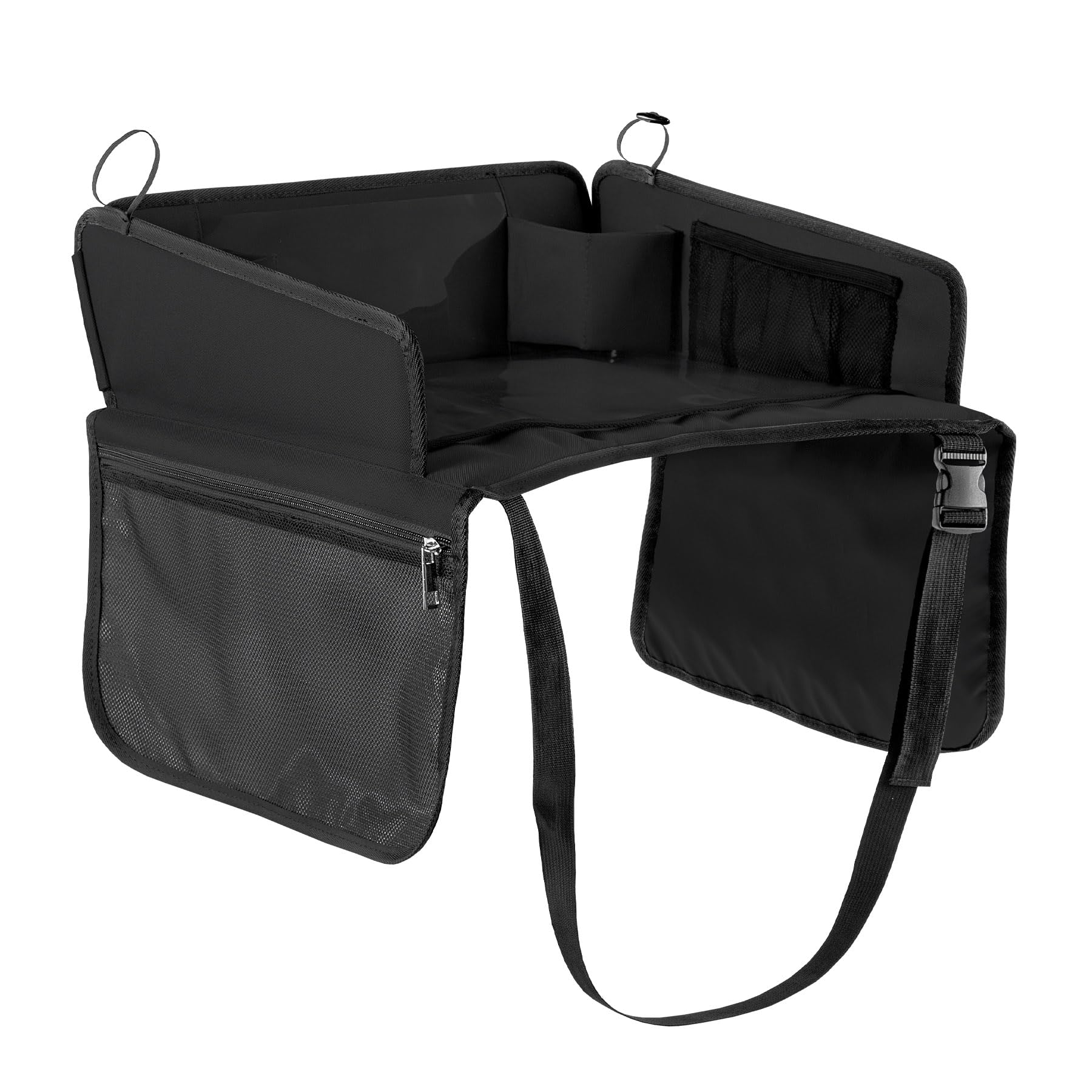 SIPO Reise-Tablett für Kindersitze – Klapptablett mit Trockenlöschfläche, Tablet-Halter (bis 11″), Getränkehalter & Taschen – faltbar, leicht, universell – Schwarz