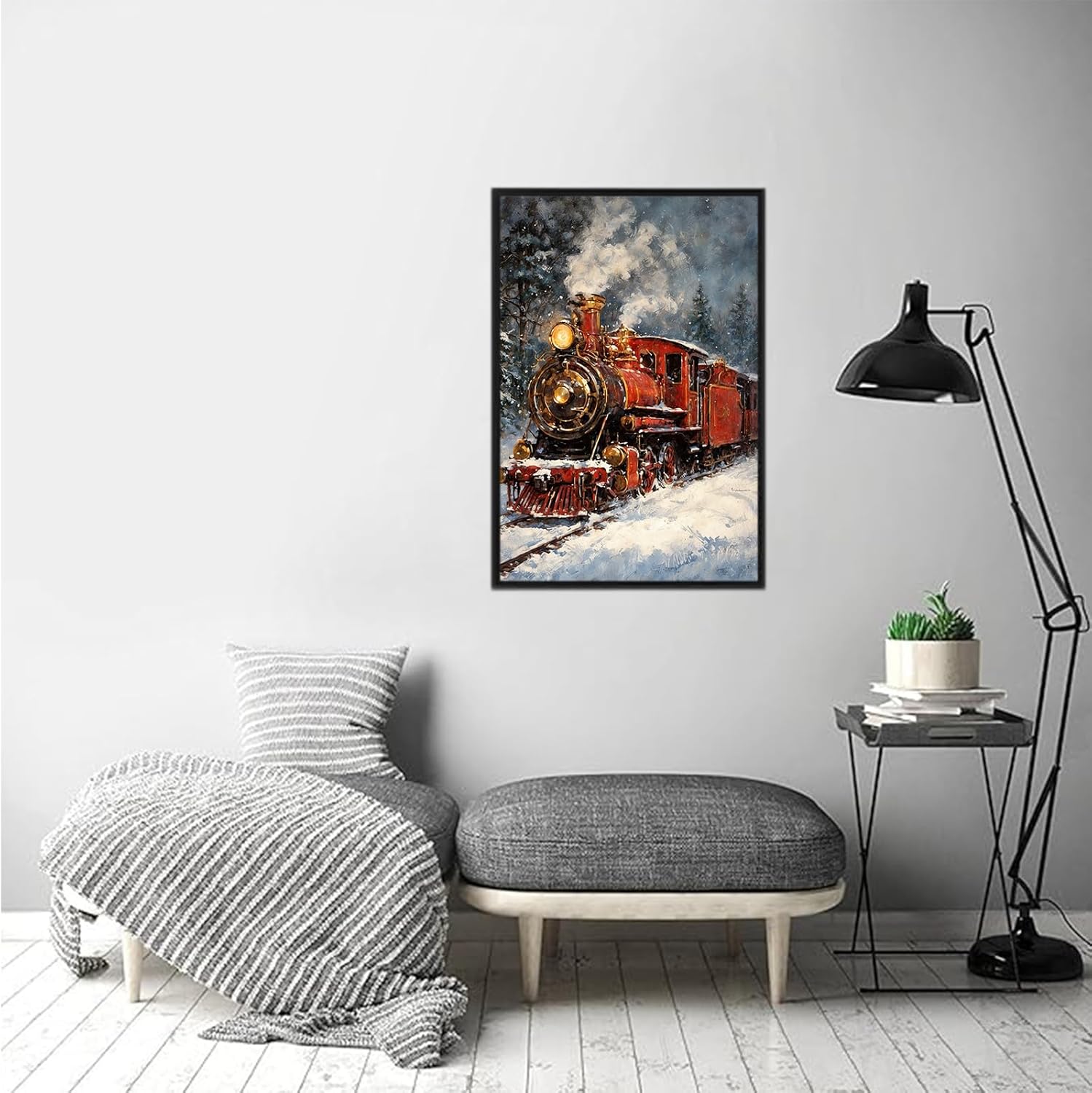 UPCBEDSW Vintage Oil Painting Steam Train Print Country Wall Art Christmas Room Decoration Winter Pictures Canvas Poster