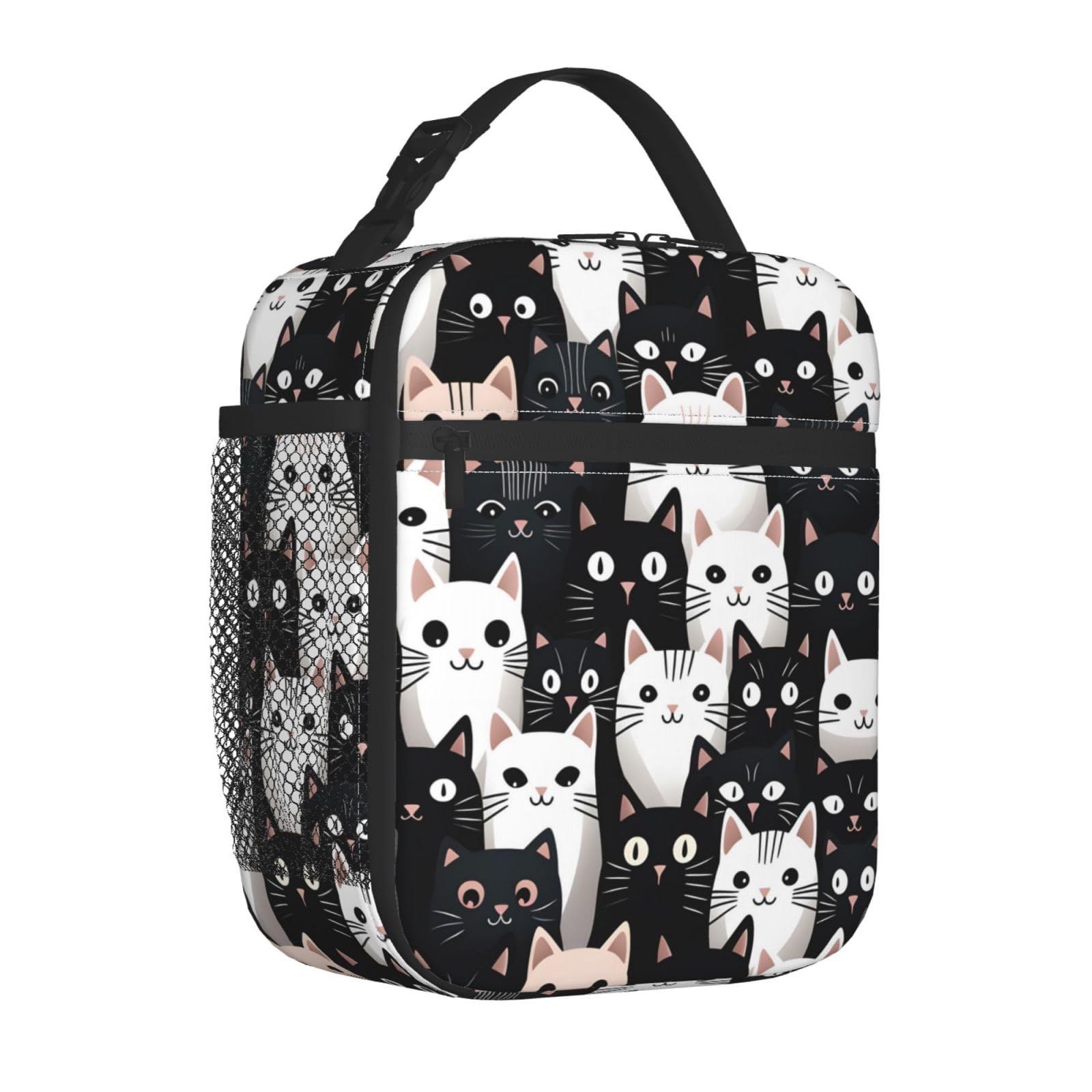 Mexpekil Borsa termica per il pranzo con gatto nero e bianco per donne e uomini, borsa termica portatile da picnic con tasca laterale in rete per adulti Lunchbox per lavoro