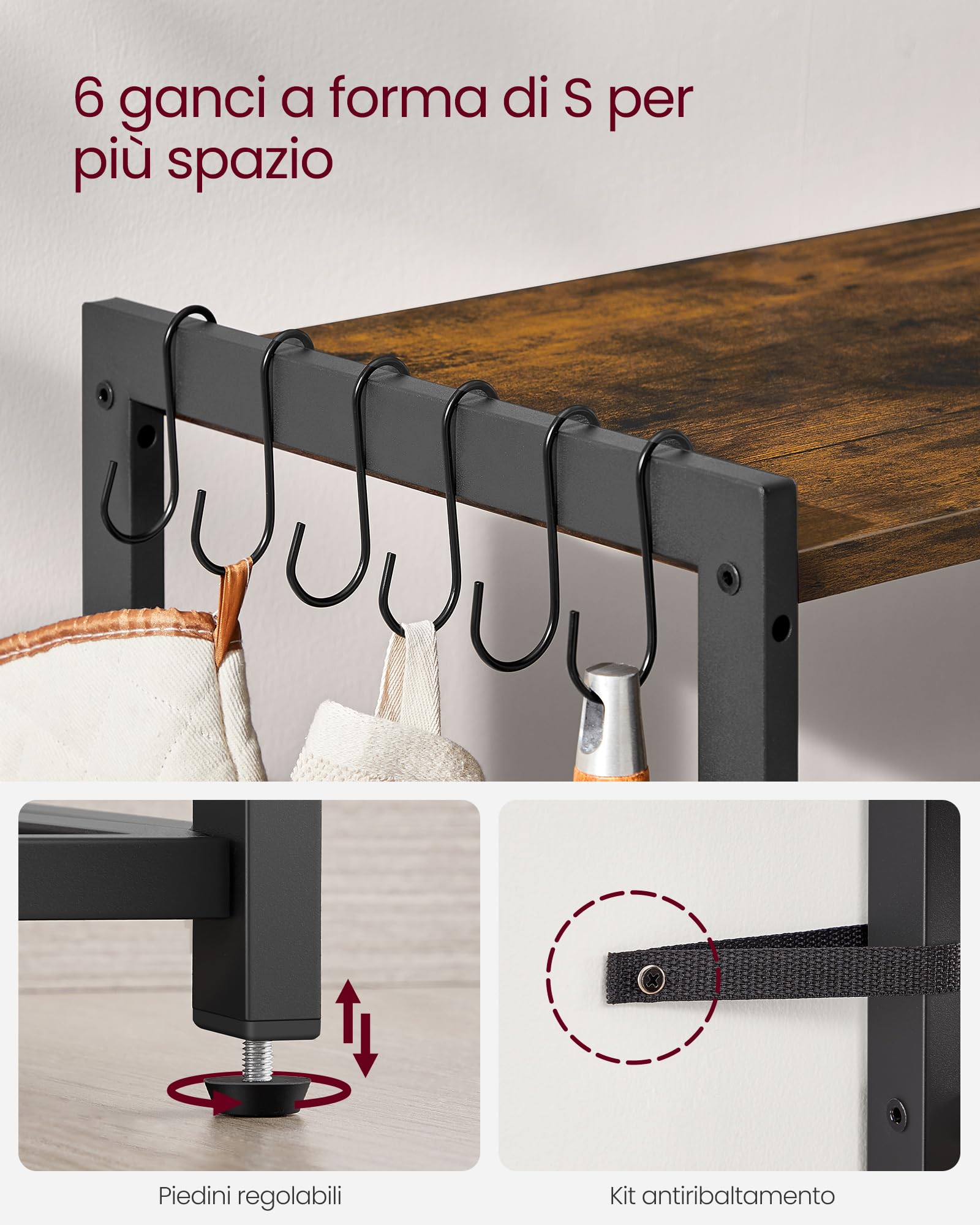 VASAGLE Scaffale per Microonde con 2 Cesti, Scaffale da Cucina con Bordi, Ripiani e Ganci, 80 x 35 x 93.5 cm, Stile Modern basic, Marrone Vintage e Nero Opaco KKS196K01