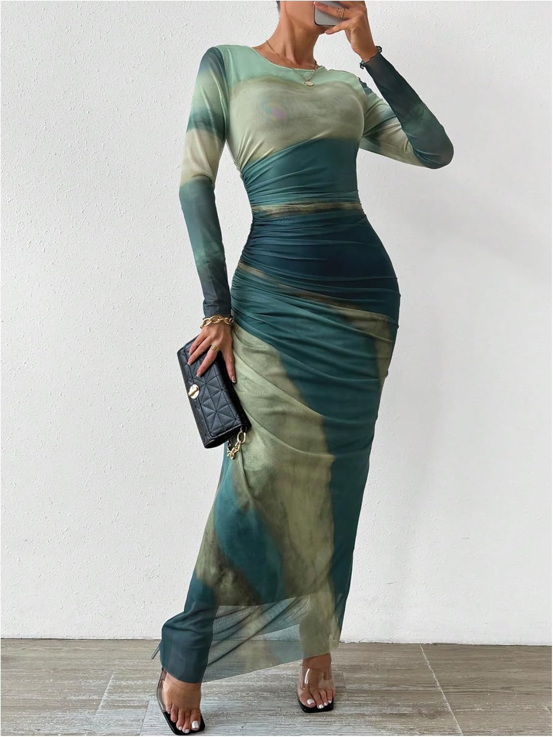 Milumia Women's Ruched Sheer Mesh Long Sleeve Dress Bodycon Long Maxi Dresses - Image 3