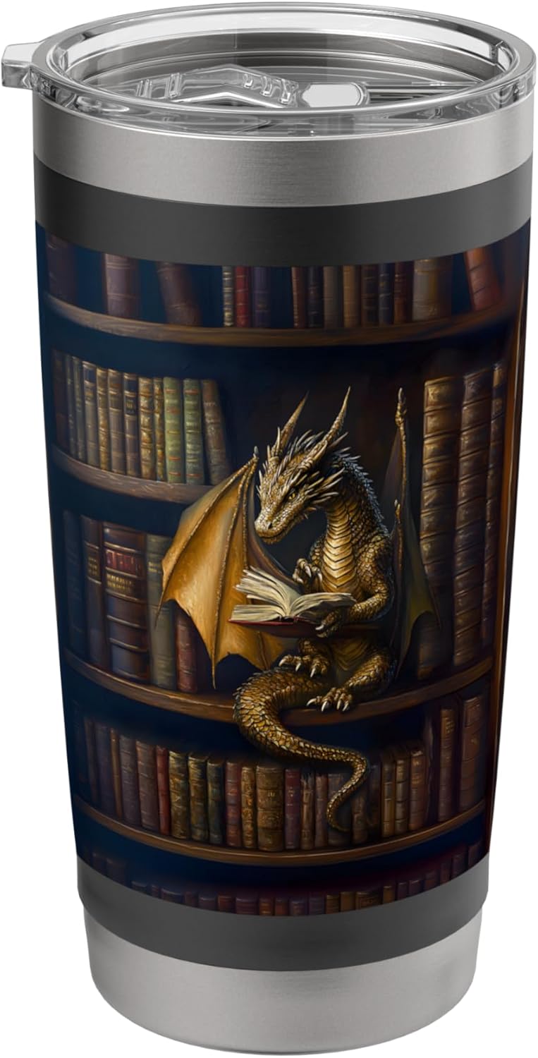 Dragon Reading a Vintage Book on a Dark Library Bookshelf Stainless Steel Insulated Tumbler