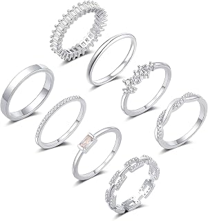Gold Rings for Women Non Tarnish 14K Gold/Silver Stackable Rings Set Dainty Cubic Zirconia Diamond Thumb Rings Wedding Eternity Band Trendy Simple Baguette Ring Size 5 6 7 8 9 10