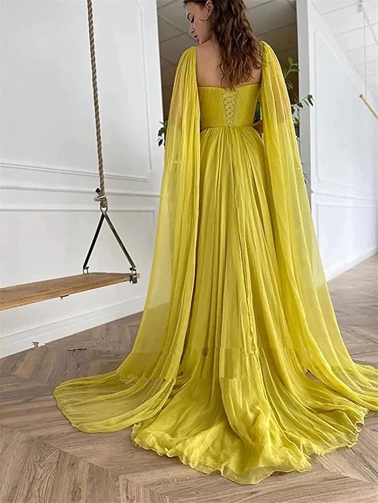 Long Puffy Sleeve Prom Dress A-Line Chiffon Ball Gown Tulle