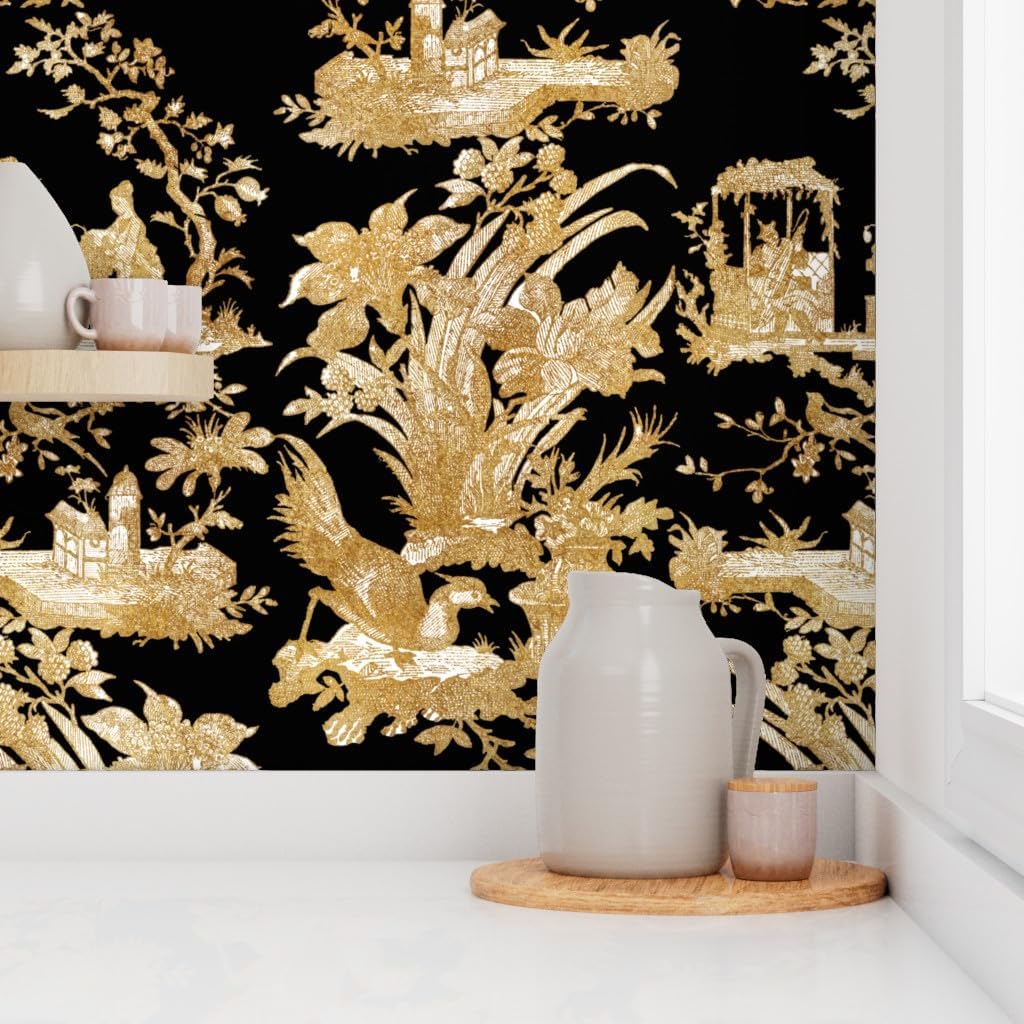 Peel & Stick Wallpaper Swatch - Chinoiserie Toile Black Asian Gold Chinese Custom Removable Wallpaper by Spoonflower