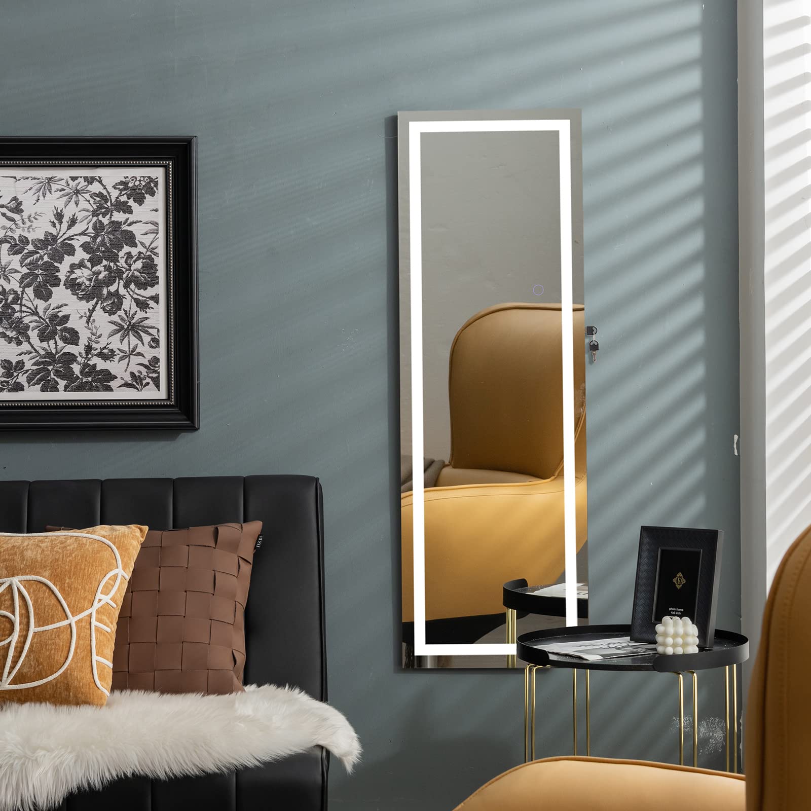 COSTWAY LED Mirror Jewelry Cabinet, Wall Door Mounted Jewelry Organizer w/Full Length Mirror & 3-Color LED Lights, Lockable Hanging Jewelry Armoire for Living Room, Bedroom (Black)