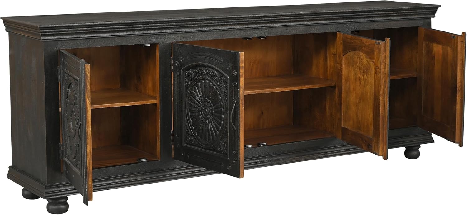 Monte Black Solid Wood Carved Sideboard Cabinet with Floral Details