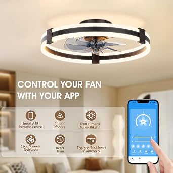 NIORSUN 50CM LED Ceiling Fans with Lights,Ceiling Fan Light with APP Remote,6 Speeds Modern Bedroom Fan Ceiling Light Quiet Dimmable, Small Smart Ceiling Fan Light for Living Room（Black [Energy Class E]
