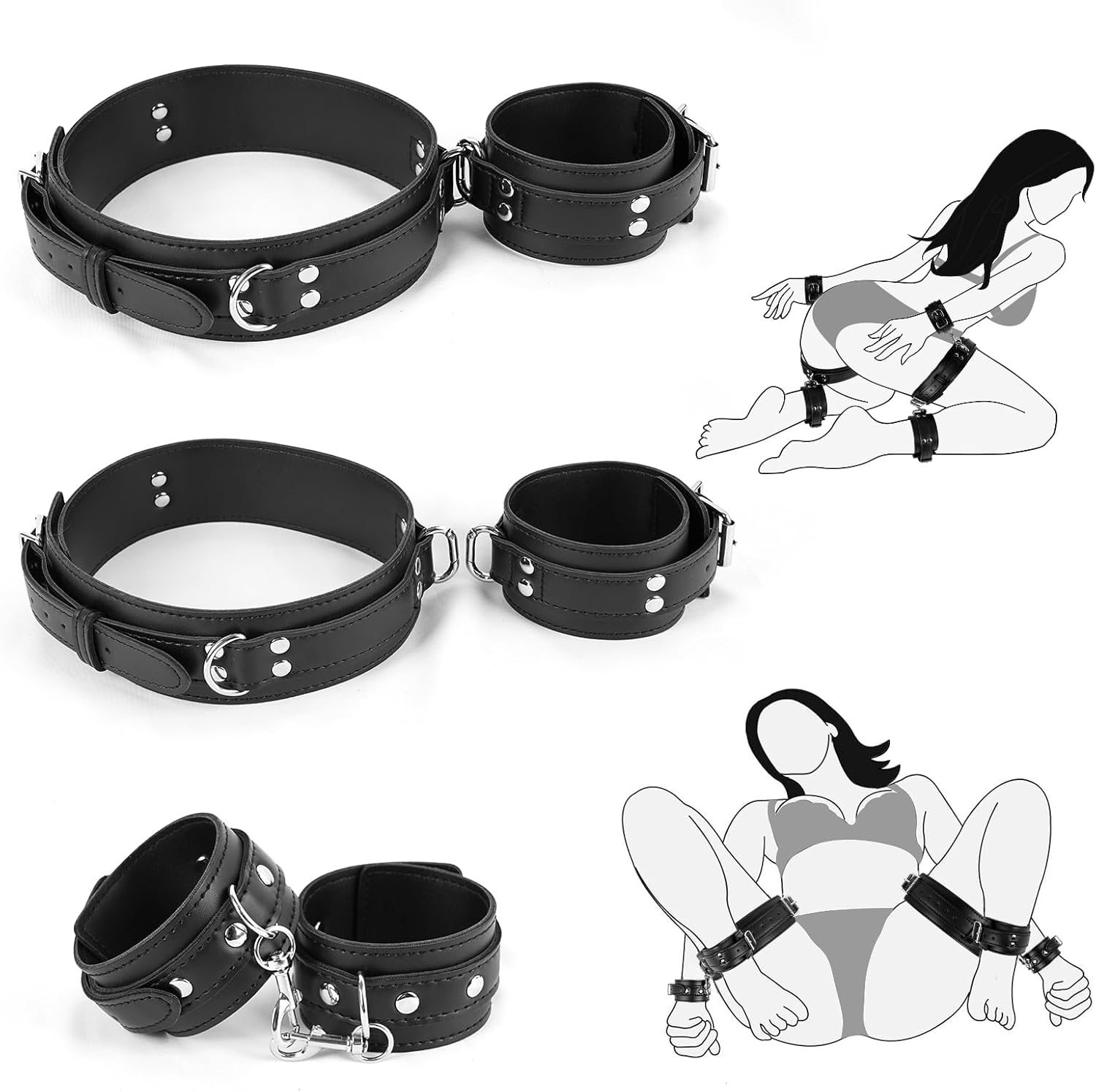BDSM Bondage Wrist Thigh Cuffs and Ankle Sex Restraints Set, Sex Toys for Women with Adjustable Leg Straps Handcuffs, Leather 3 in 1 Kit for Couple Beginner SM Game Play (Black)