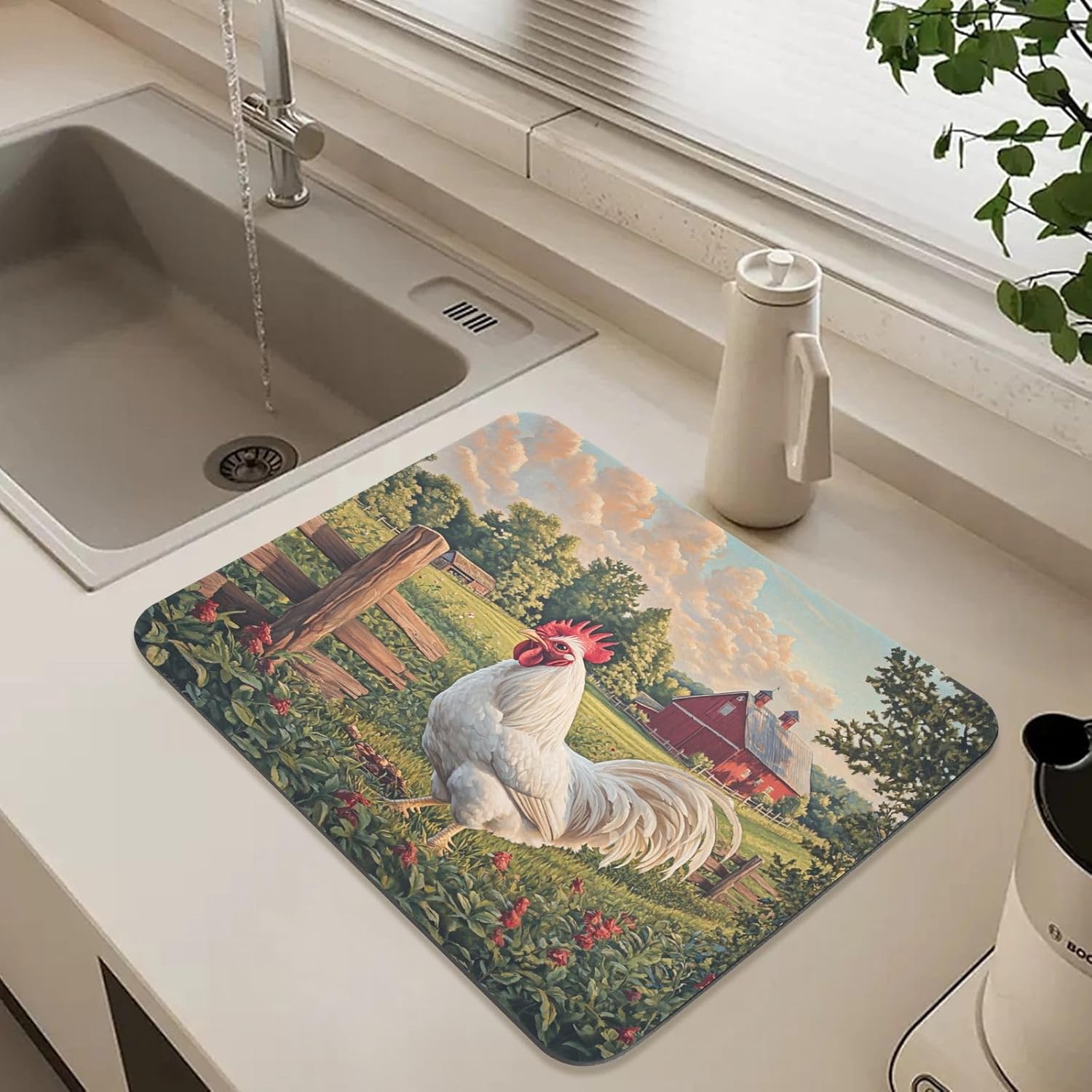 Dish Drying Mat for Kitchen Counter Rooster Chicken White Flowers Absorbent Coffee Bar Mat Dish Drainer Rack Mat Drainer Pad Washable Foldable Ultra Absorbent Dry Mat 23.6" X 19.7"