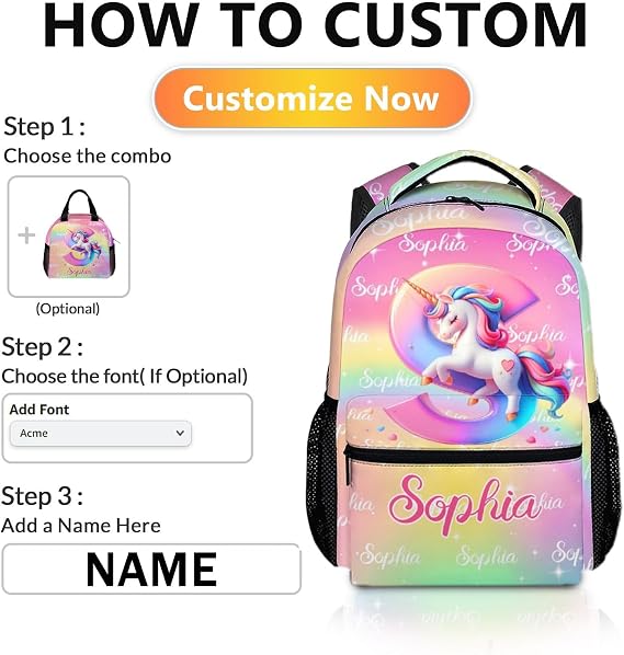 Personalised Unicorn Backpack with Name and Initial | Cute Rainbow Girls School Bag, Durable Oxford Fabric Kids Rucksack for Primary School and Nursery