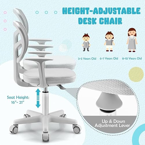 Miniatura 12 de POWERSTONE Silla de escritorio para niños, silla de computadora de malla ajustable con reposabrazos, cojín suave y silla de oficina giratoria de