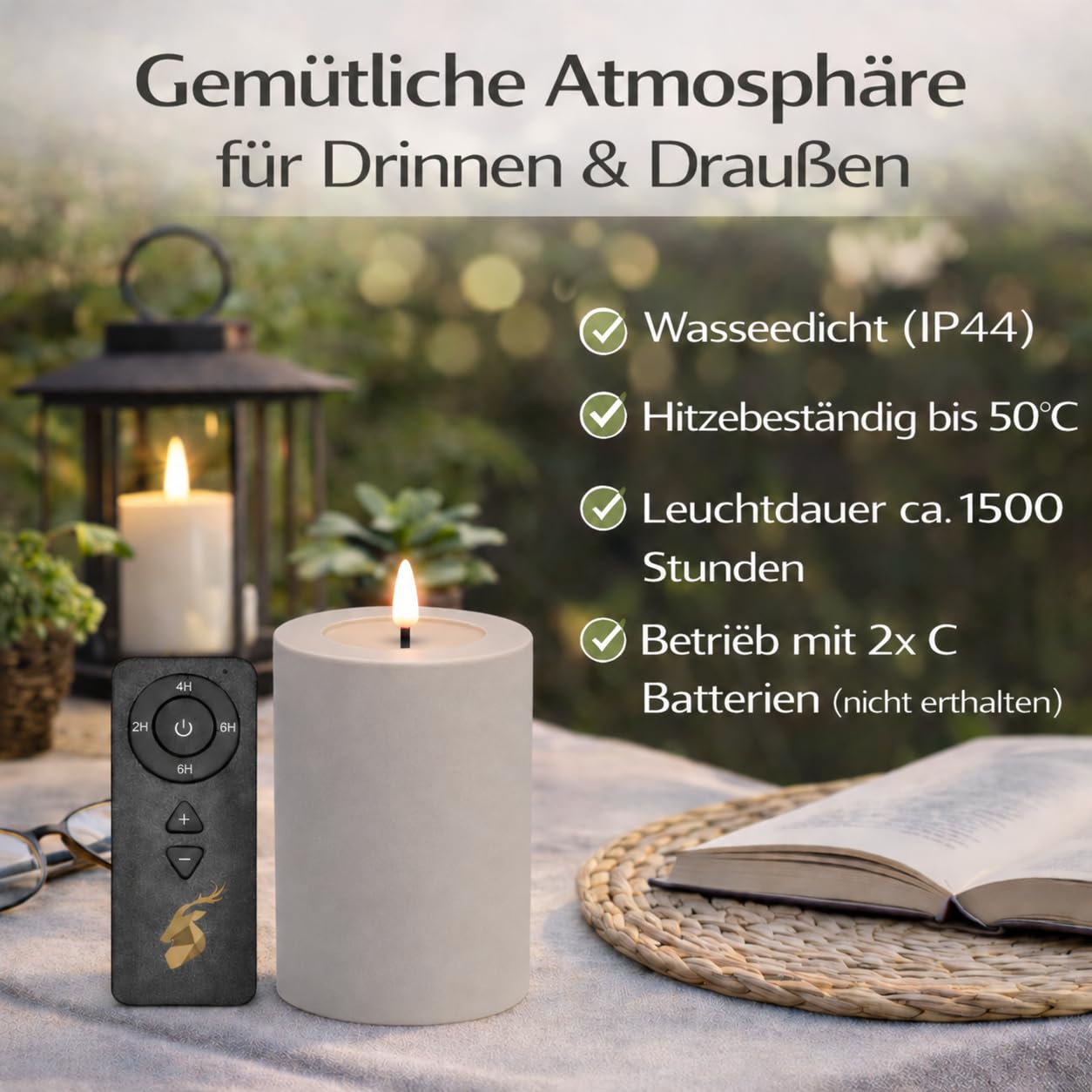 ReWu LED Kerze Deluxe Homeart Outdoor, Staubiges Sand | Kunststoff Kein Echtwachs, Realistische Flamme, Warmweißes Licht, Hitzebeständig für Aussenbereich