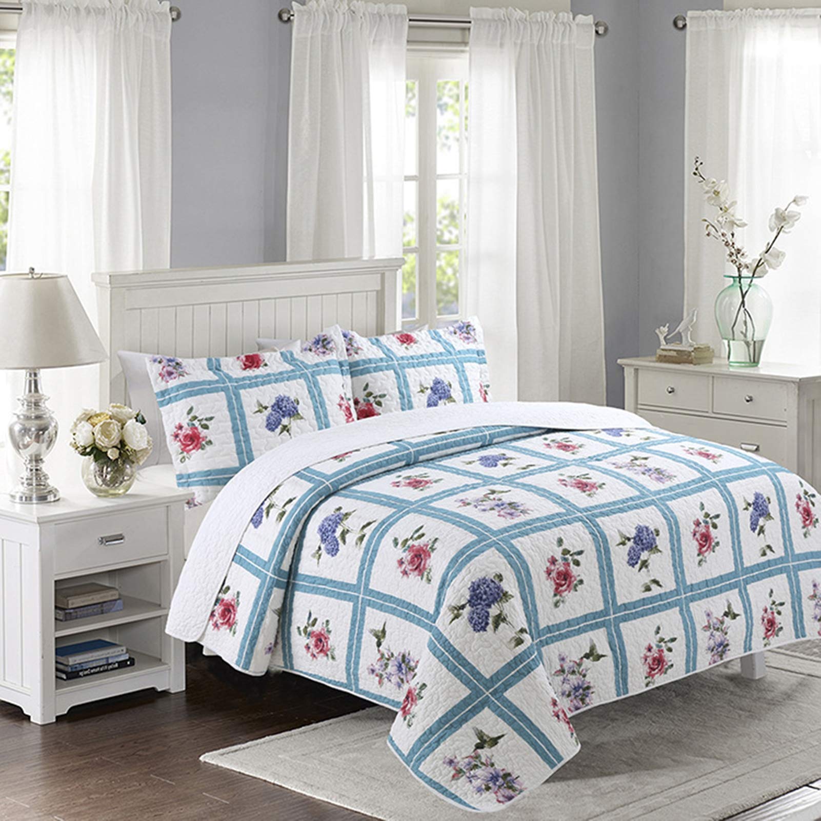 Sjdopulse Blue/Pink Soft Bedspreads Quilted Super King Size 240X260 Cm 2 Pillowcases, 3 Piece Cotton Patchwork Bedding Set Reversible Microfiber Polyester Duvet Covers With Floral Pattern,3Pcs 240 * 260Cm