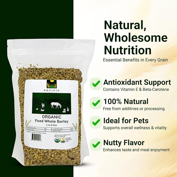 PACIFIC Organic Petfood Organic Feed Whole Barley - Dehulled Whole Barley | Rich in Fiber & Minerals | USDA & CCOF Certified Organic Barley | Product of USA | 2 Lbs